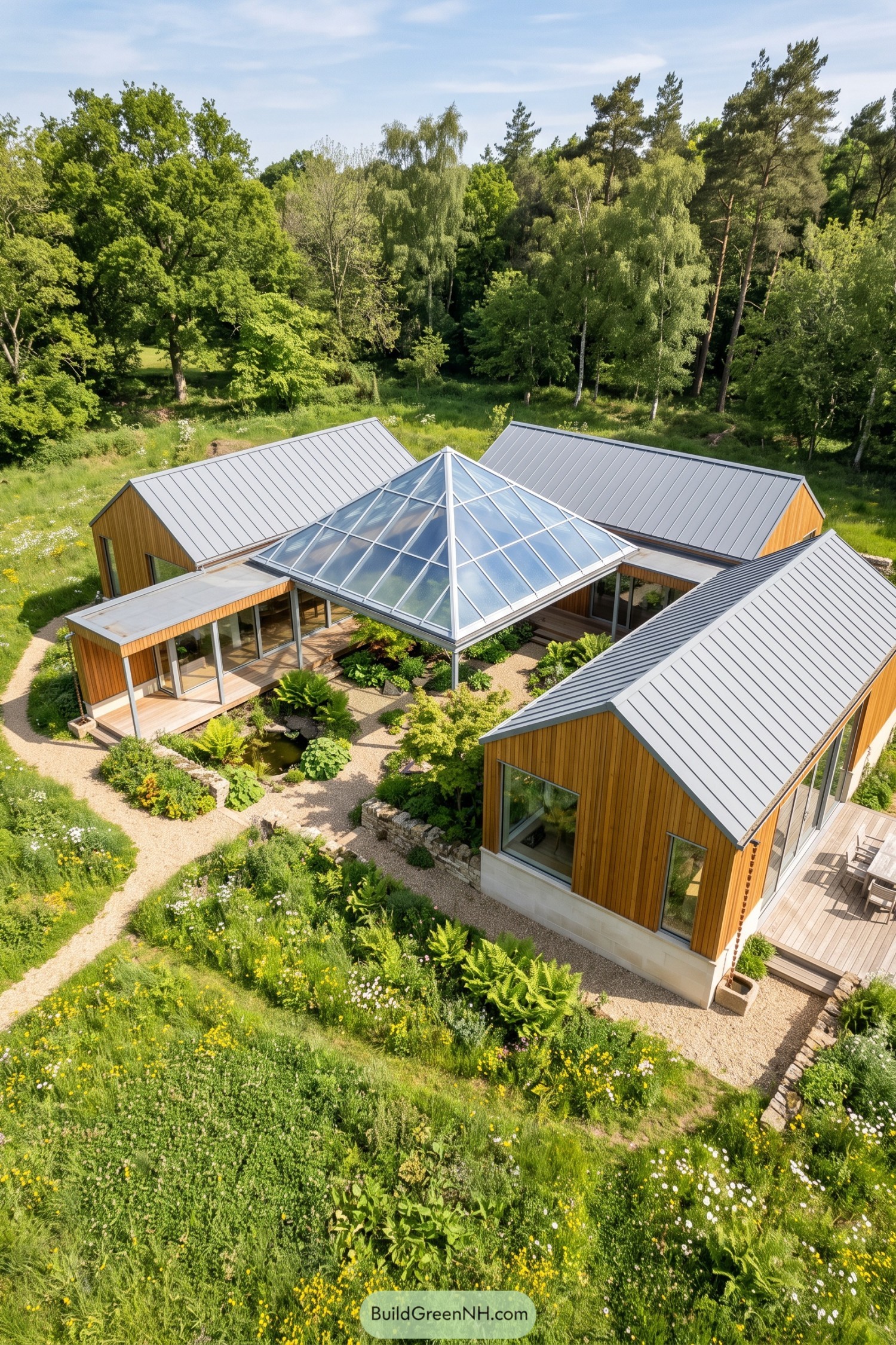 Timber courtyard home with a glazed pyramid roof in a wildflower meadow