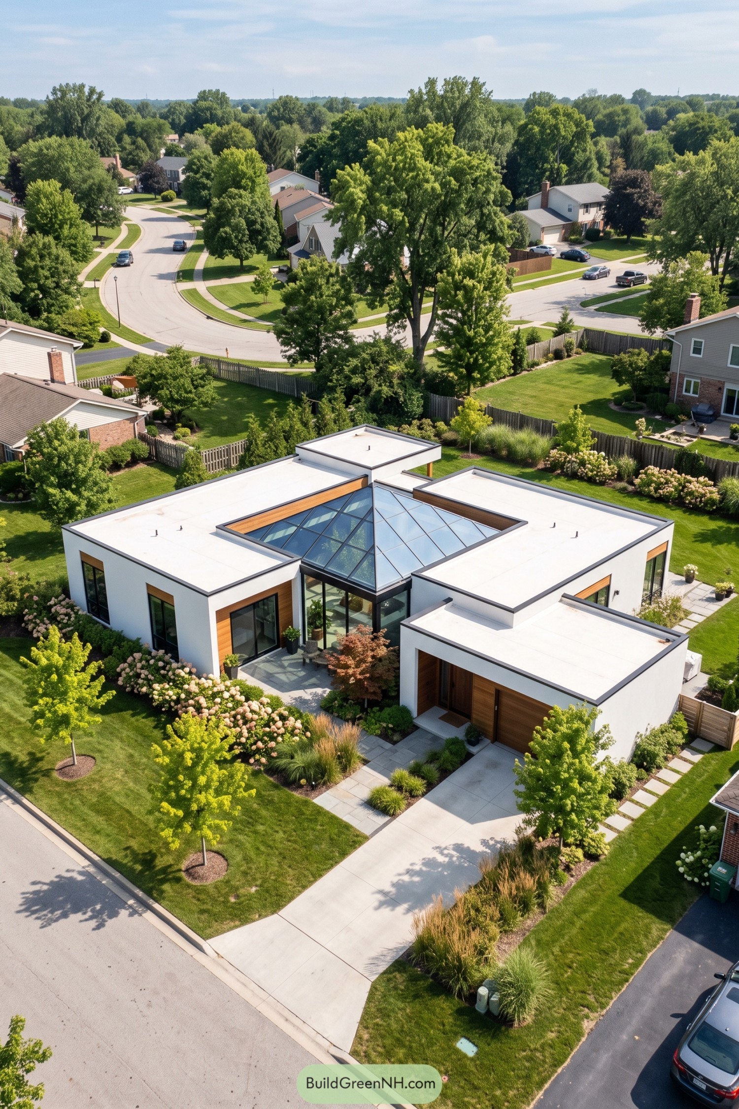 Modern white courtyard home with a central glass roof