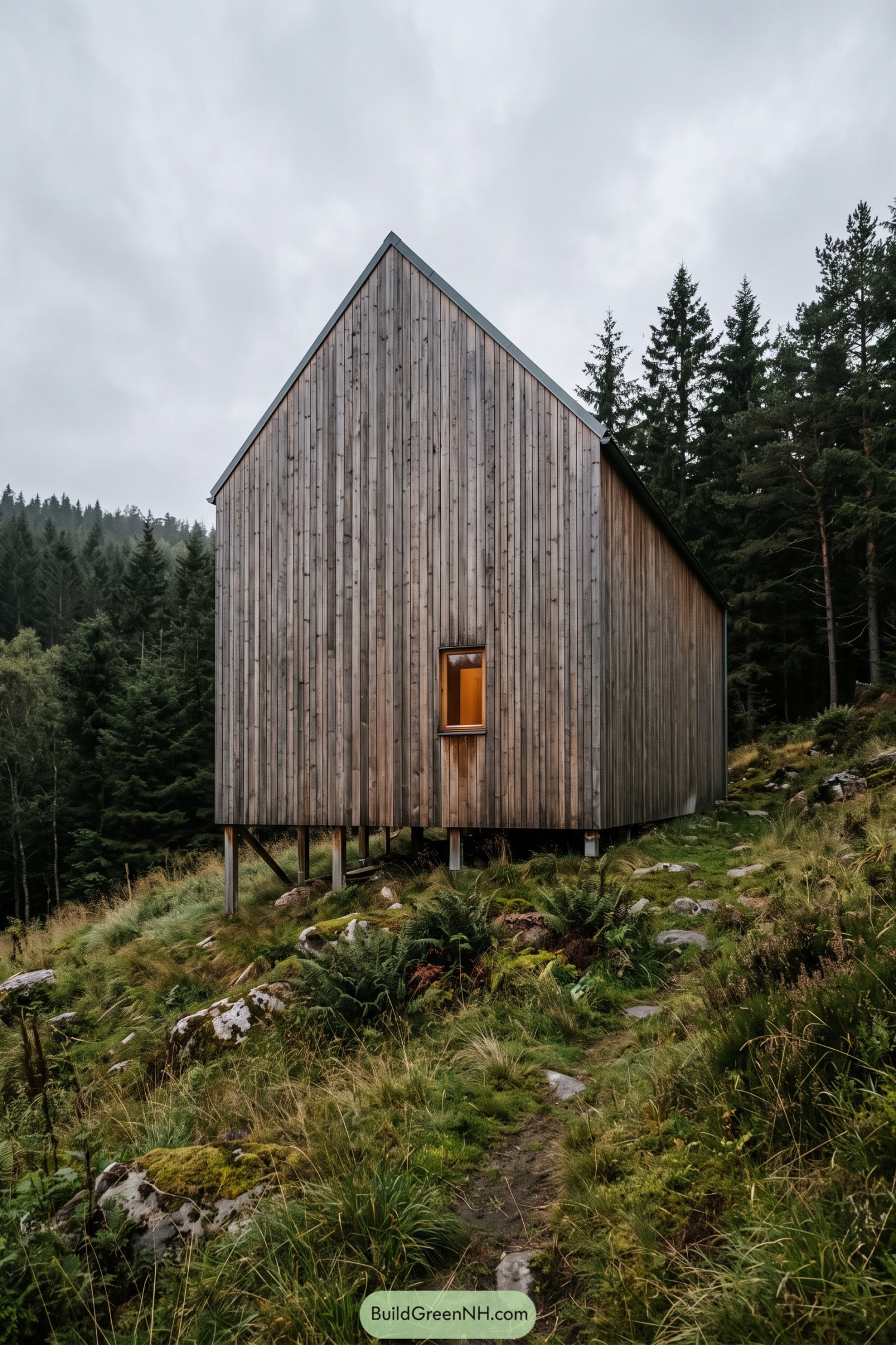 Vertical larch cabin raised above a forest slope