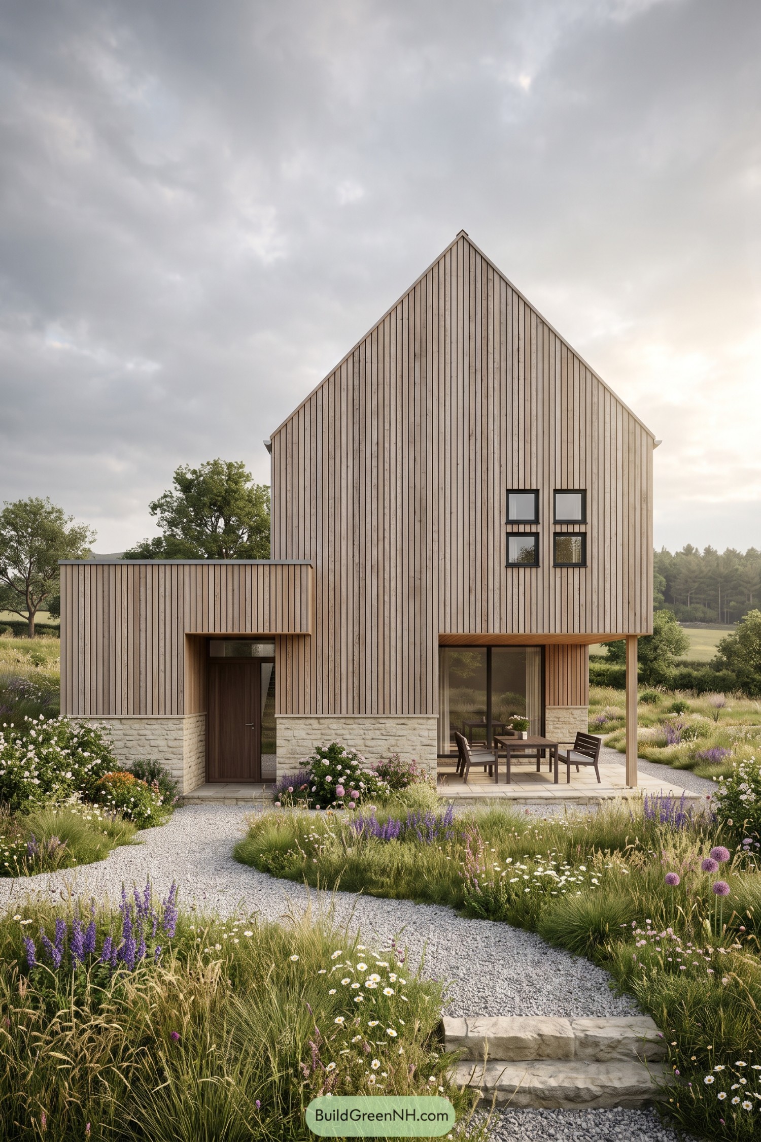 Modern larch house with stone base and covered patio