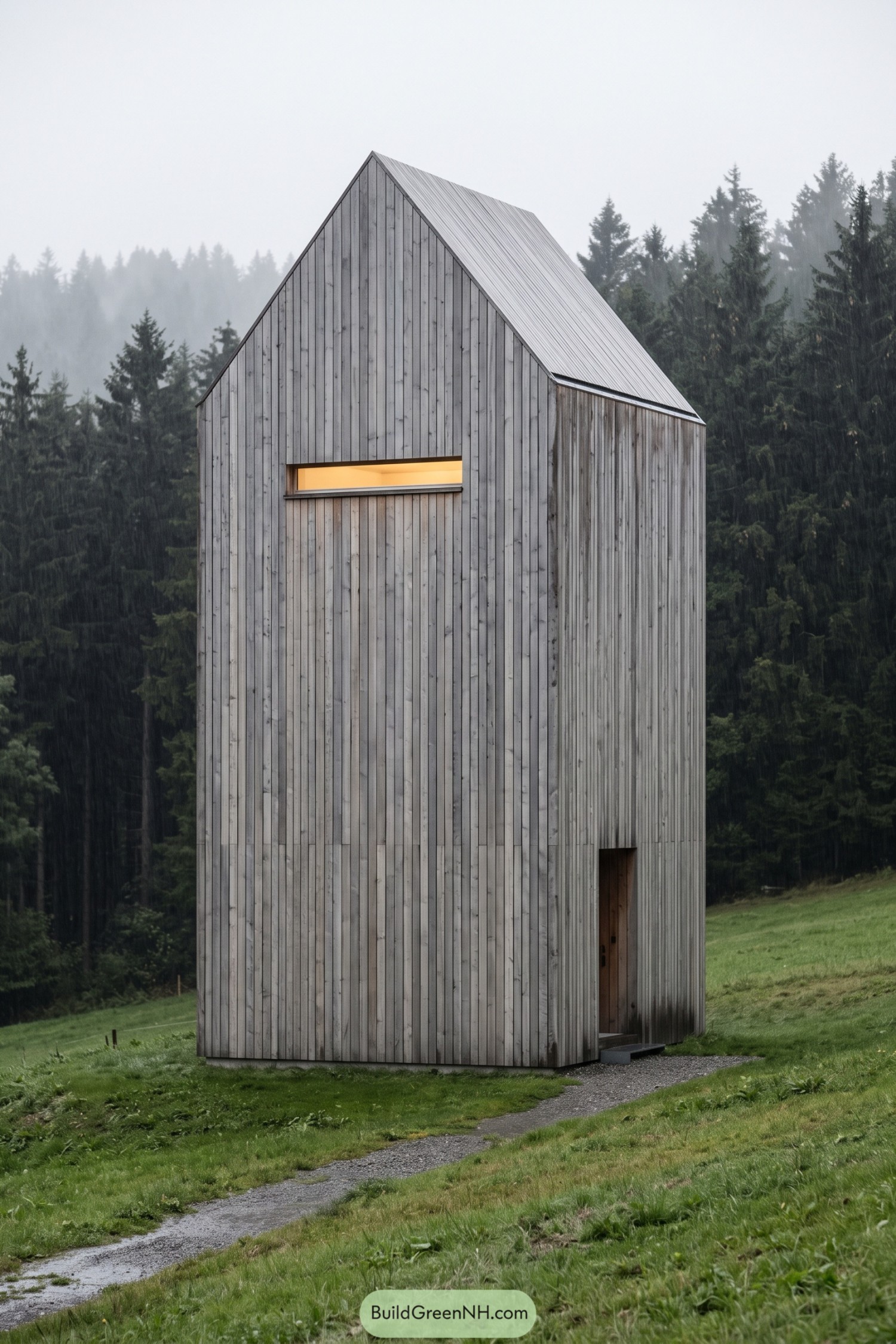 Tall larch-clad house with a steep roof in a rainy forest clearing