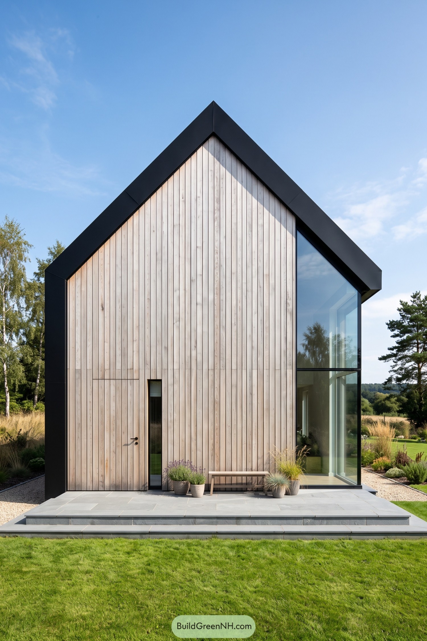 Pale larch house with black gable frame and tall glass corner