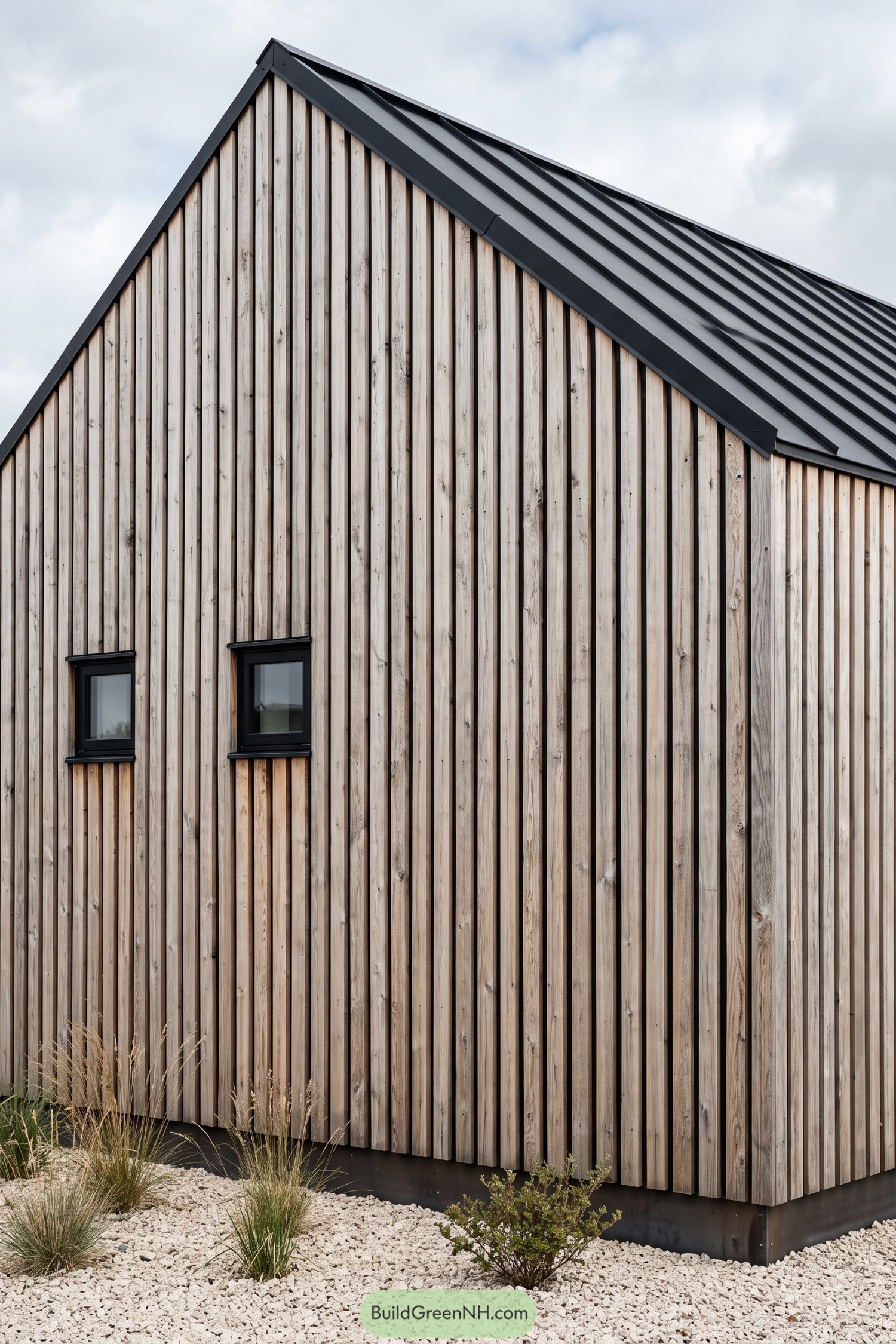 Vertical larch cladding beneath a black metal gable roof