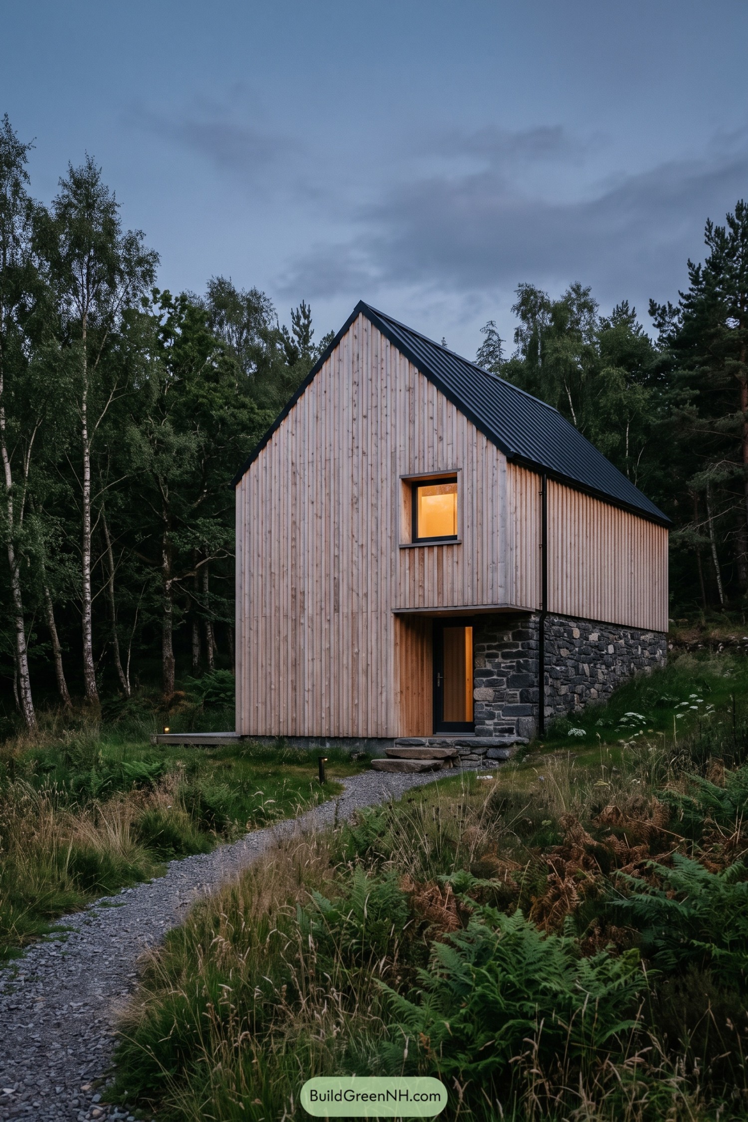 Larch-clad forest house with stone base and steep black roof