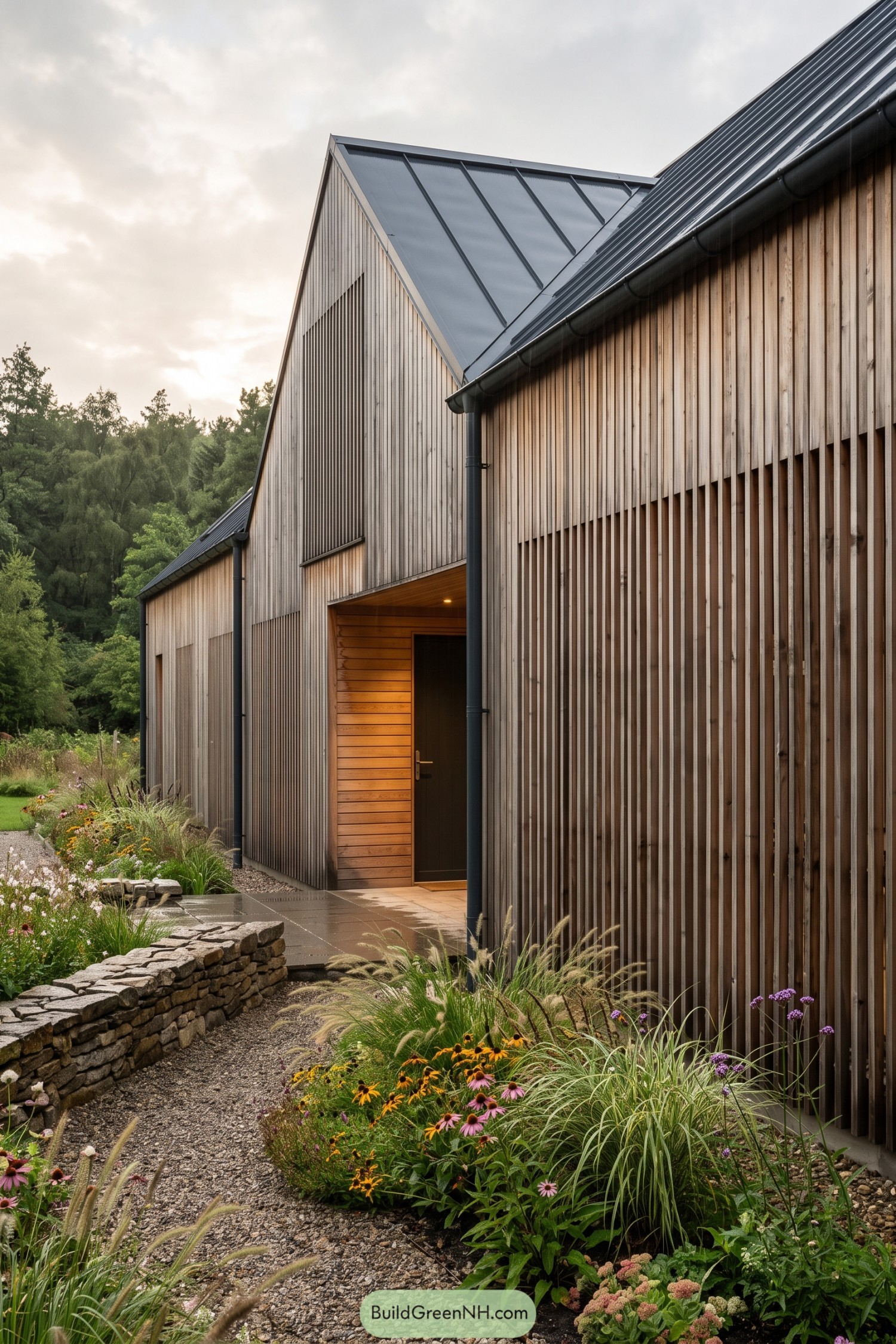 Larch-clad gabled home with planted gravel entry path