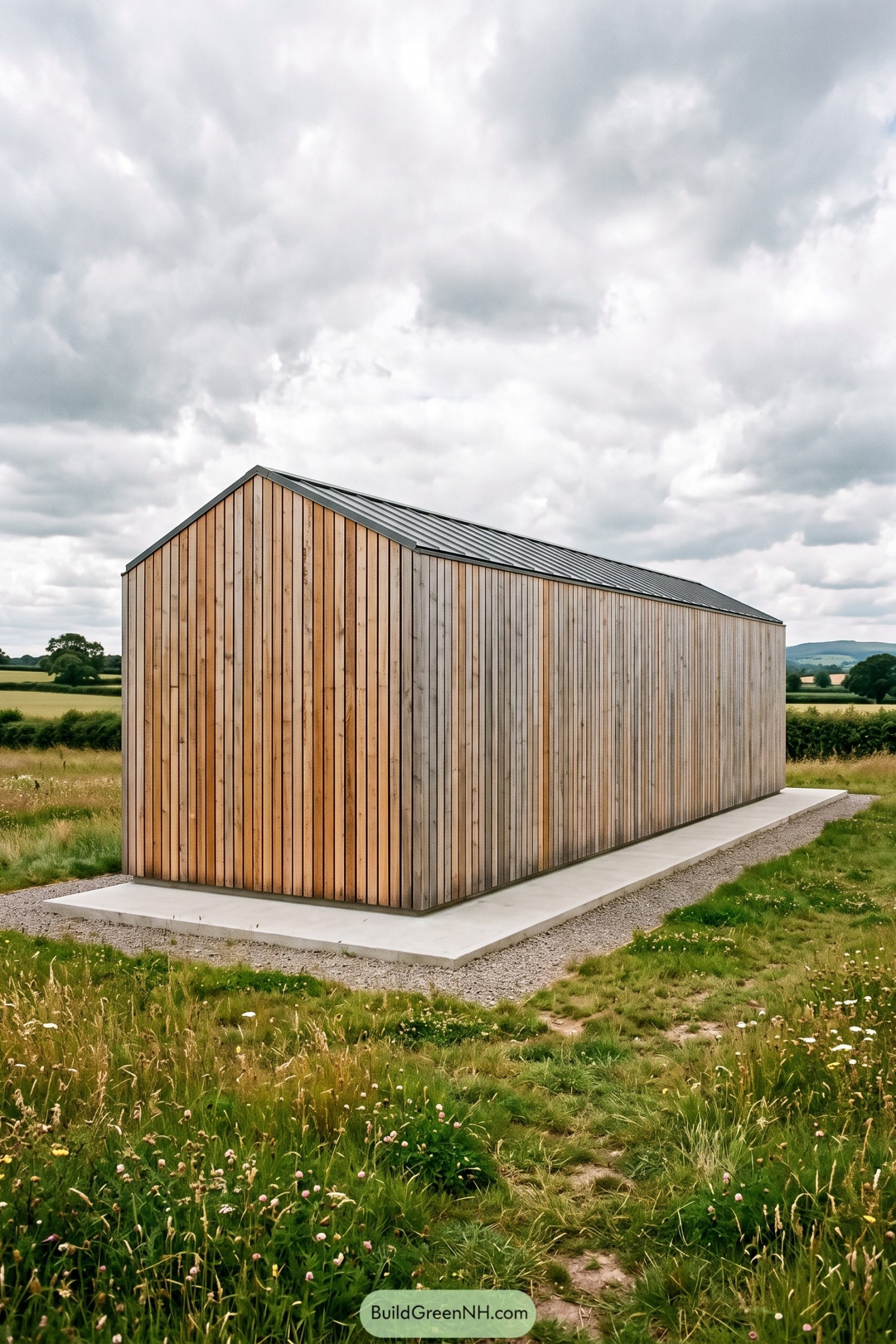 Vertical larch clad gable house in a meadow