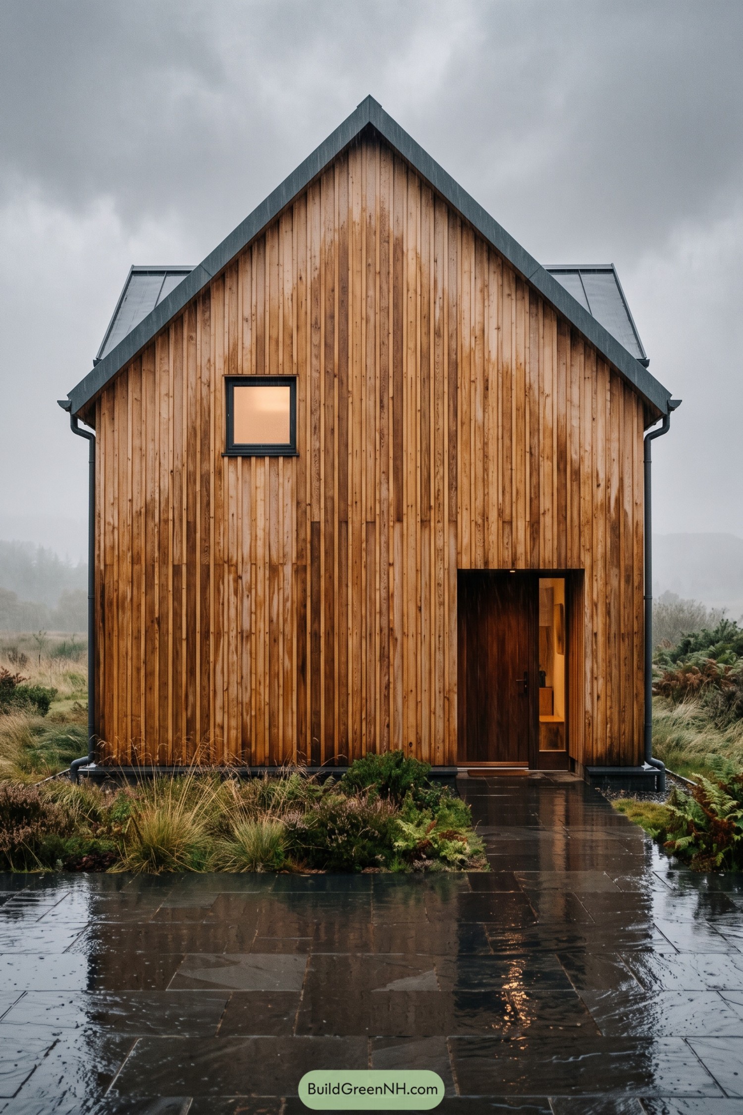 Front gable larch house with recessed entry in rain
