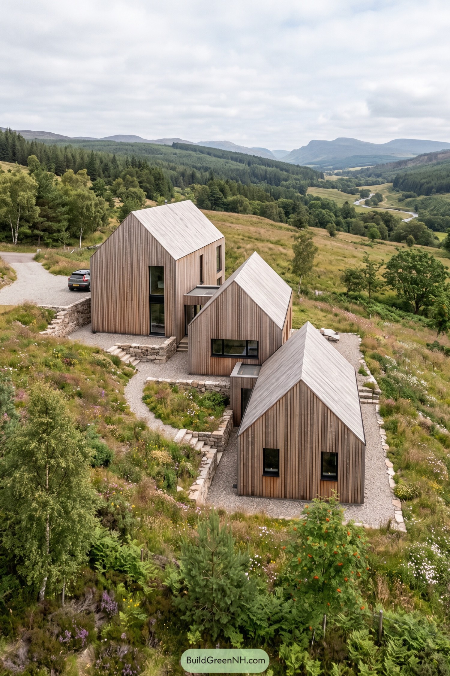Three timber-clad gabled volumes step across a wild hillside