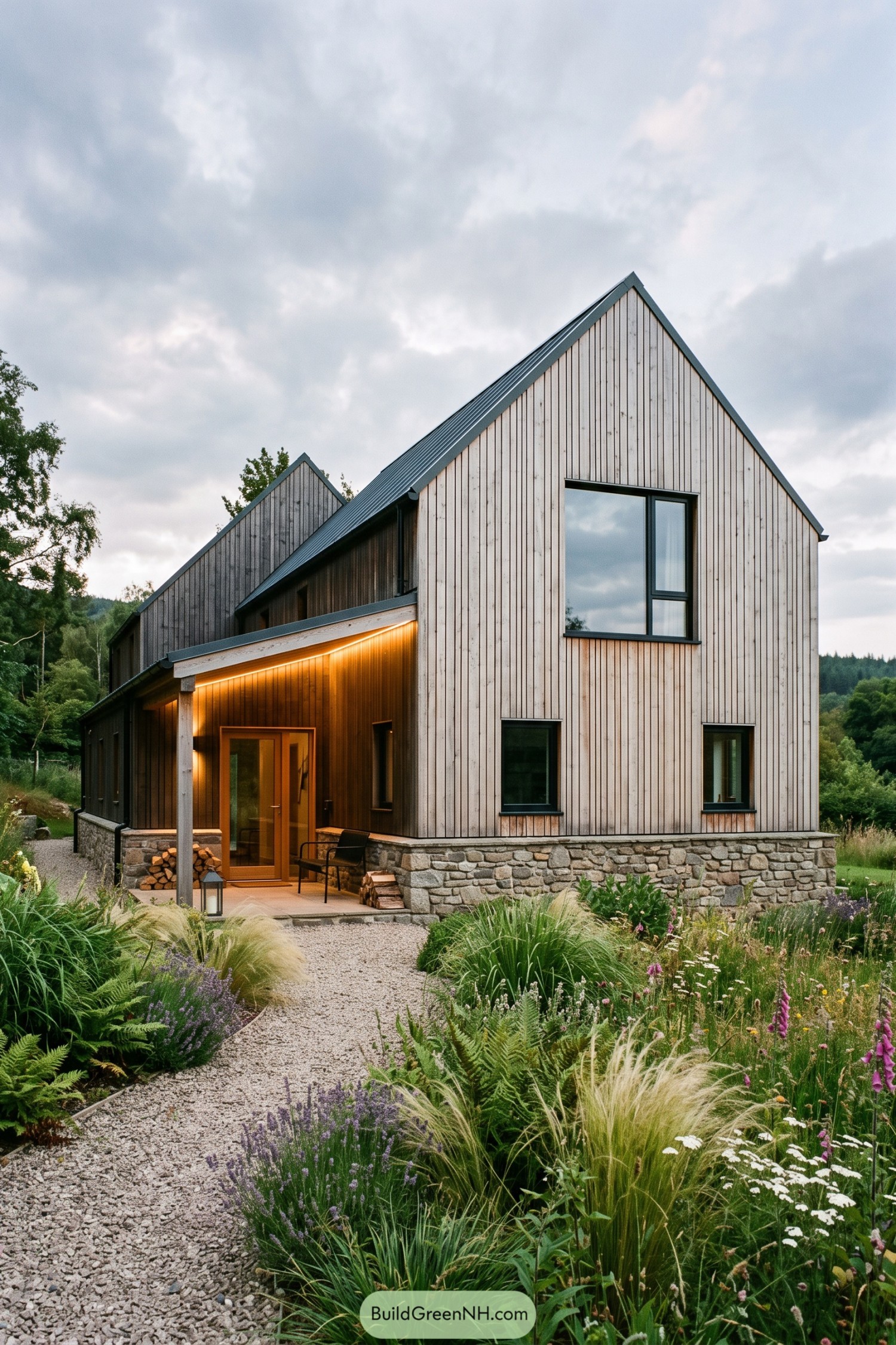 Contemporary larch home with twin gables and stone base