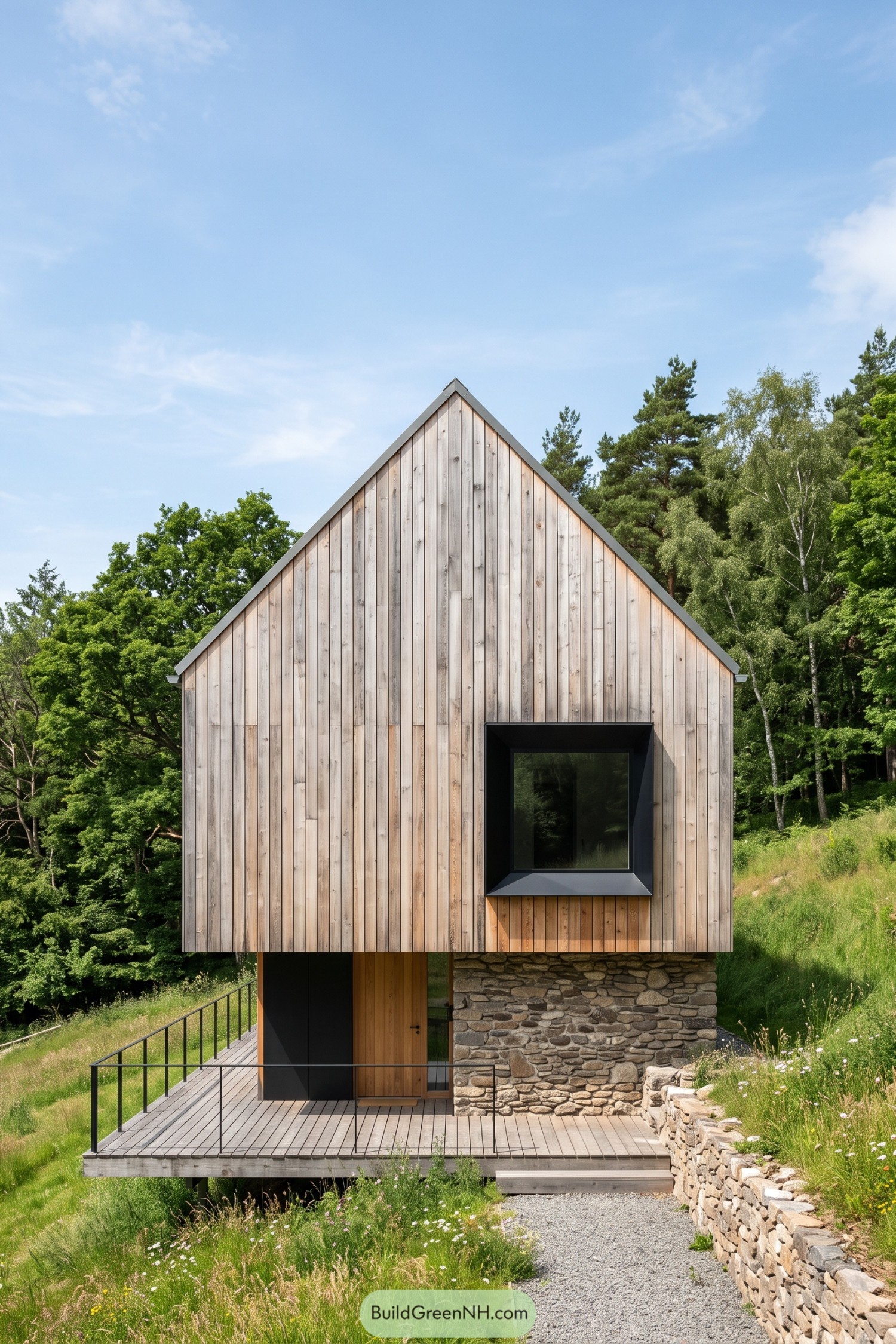 Larch clad gable house on a stone base in woodland