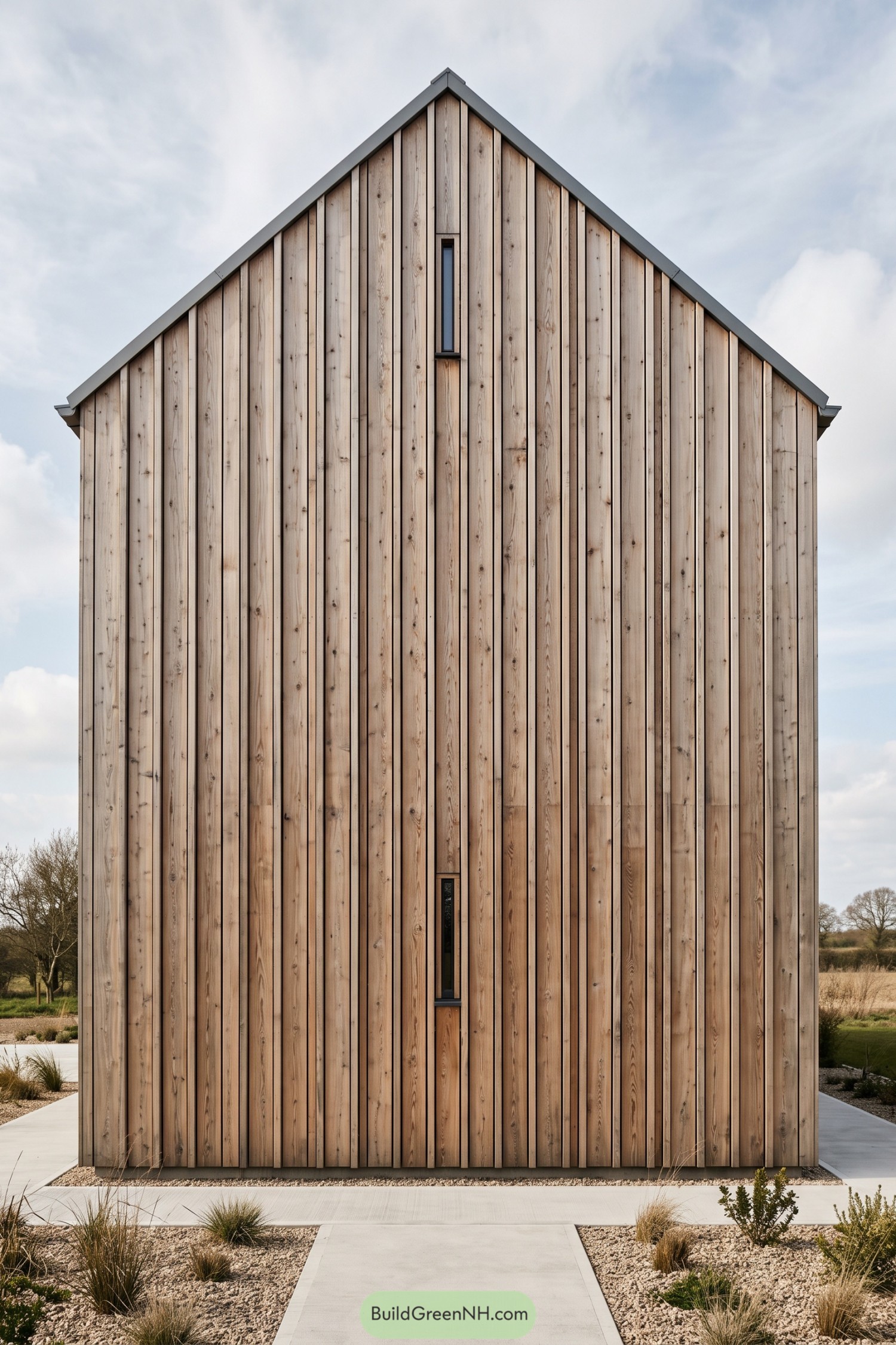 Vertical larch-clad gable house with slim windows