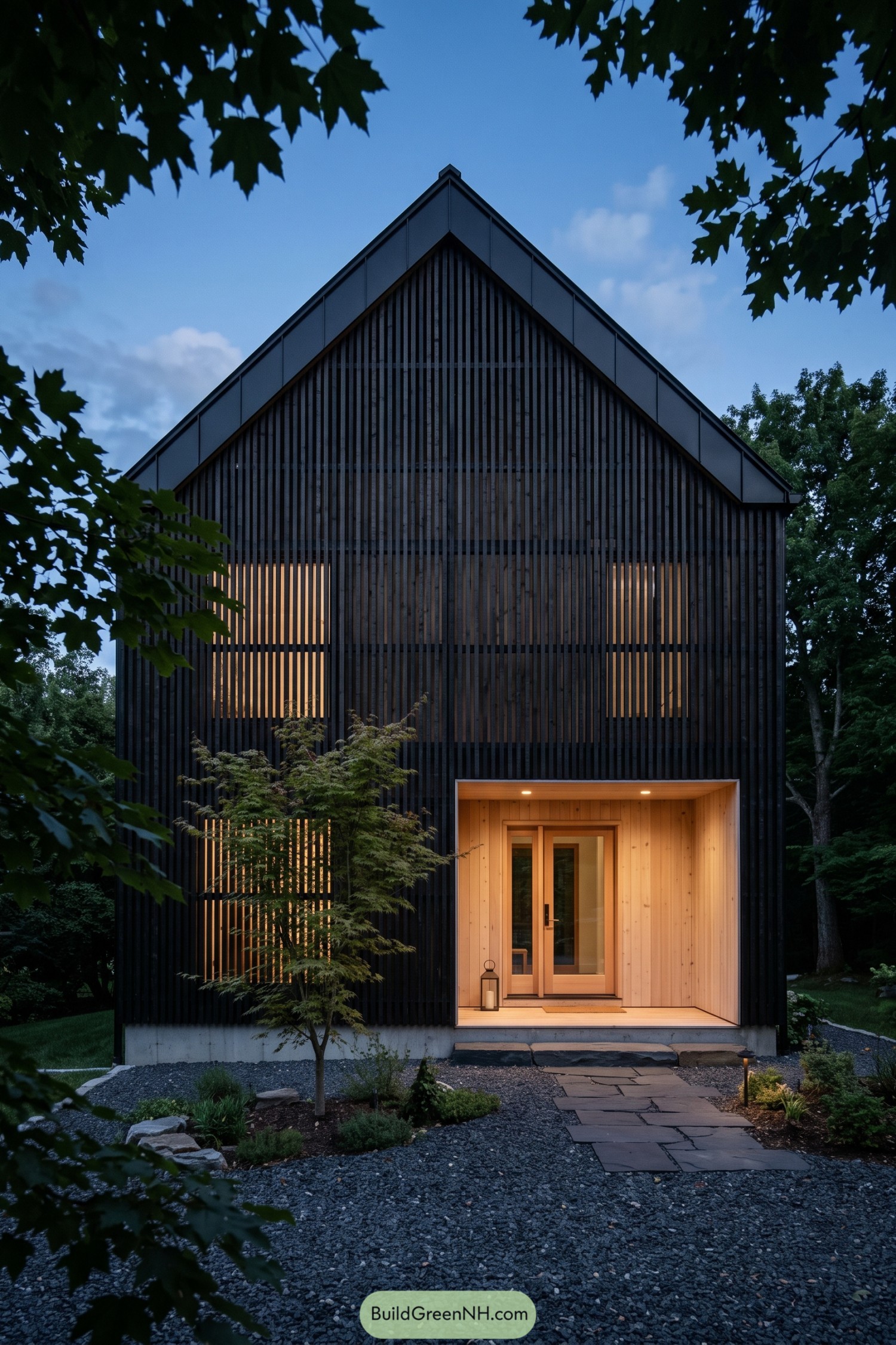 Dark larch gable home with glowing entry porch