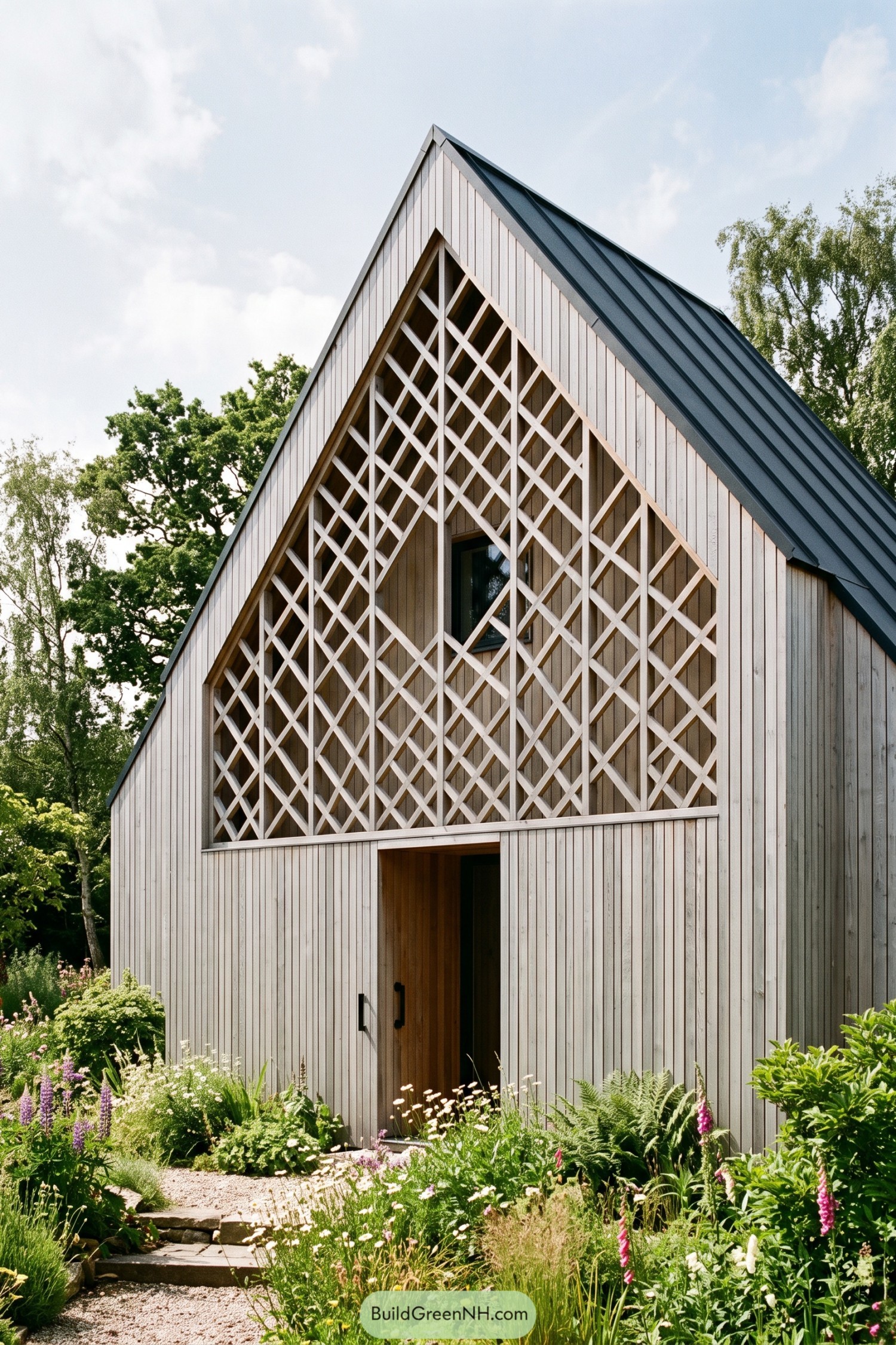 Pale larch gable house with woven timber screen