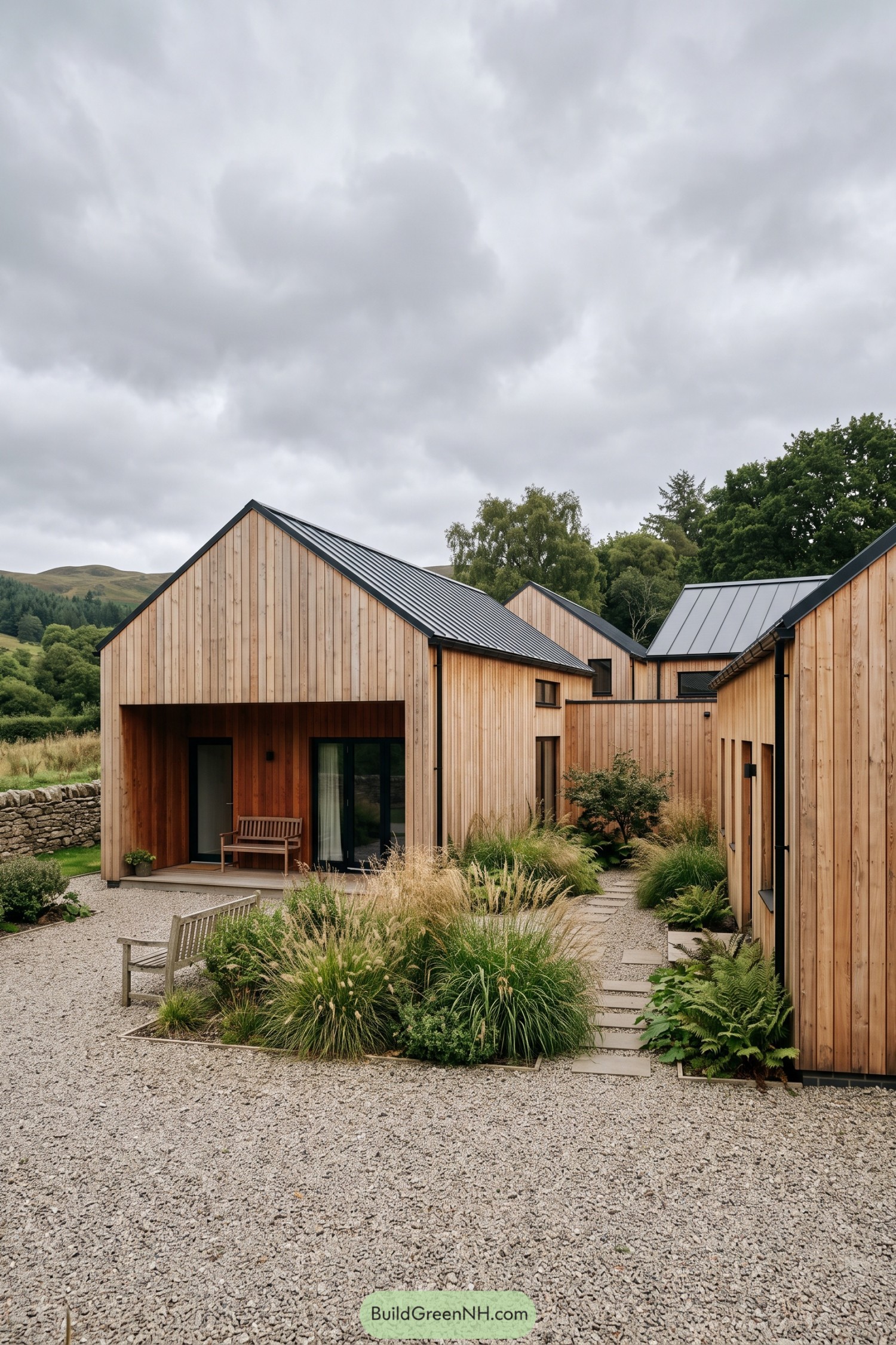 Larch-clad gabled home with gravel courtyard and native planting