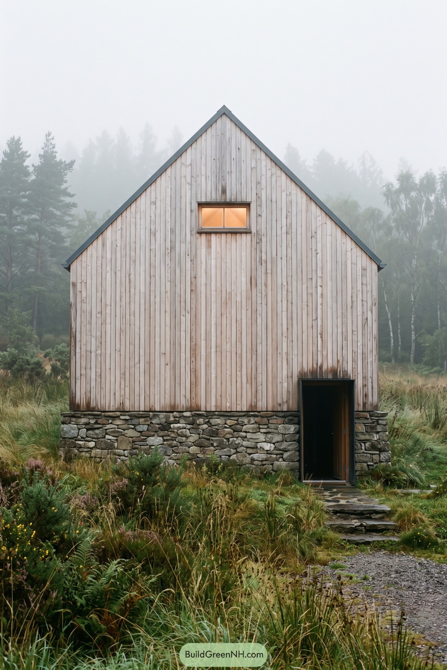 Larch gable house with stone base in misty woodland