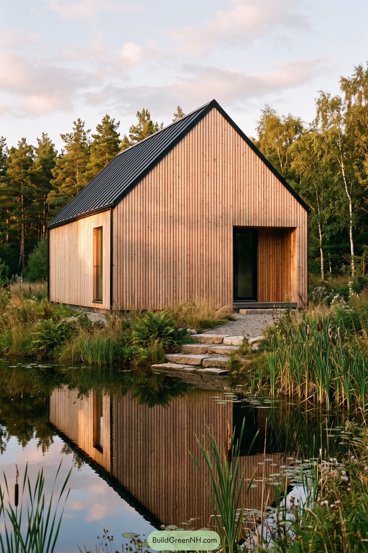 Larch-clad gable house beside a pond