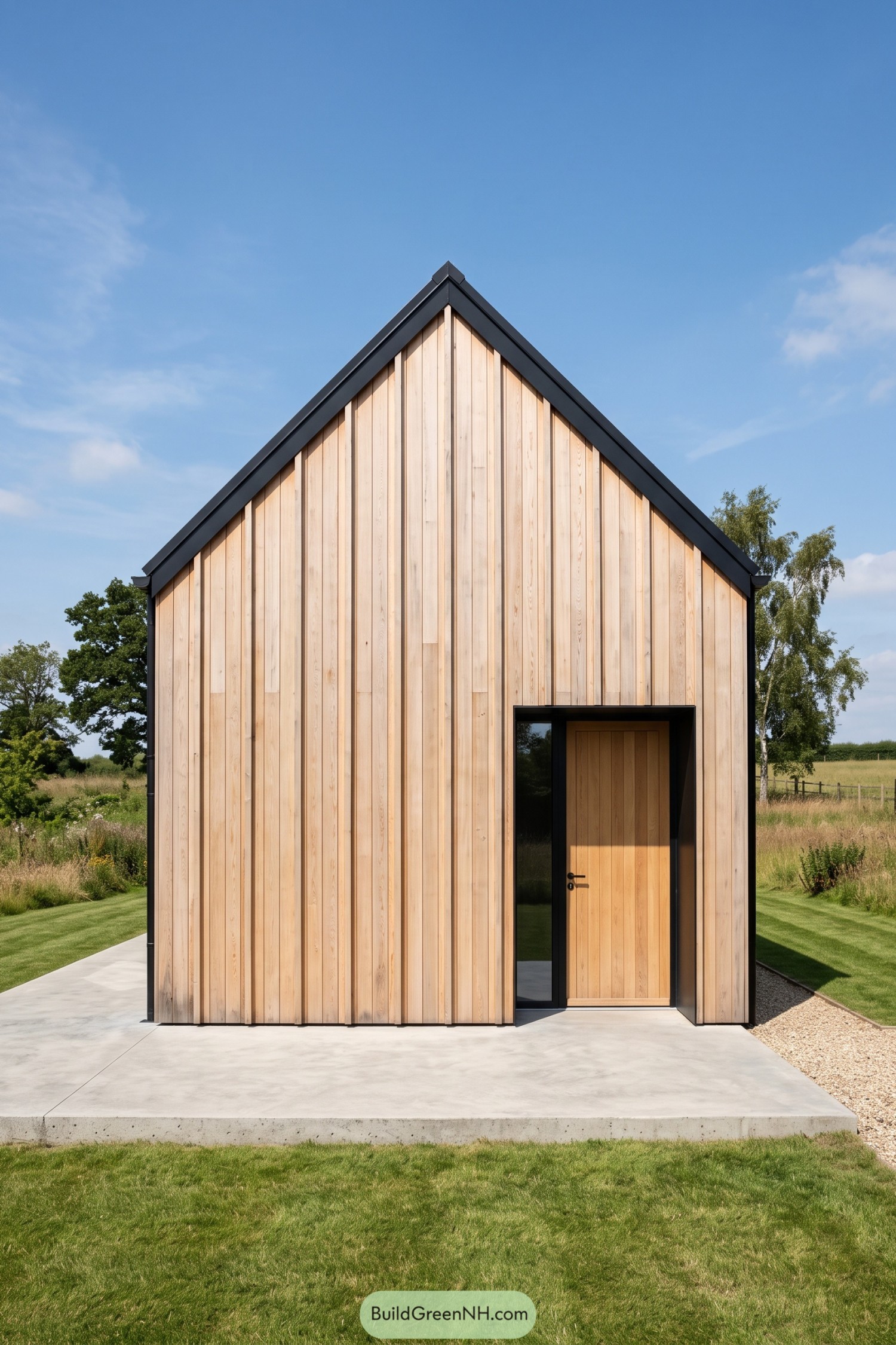 Larch-clad gable house with black framed entry