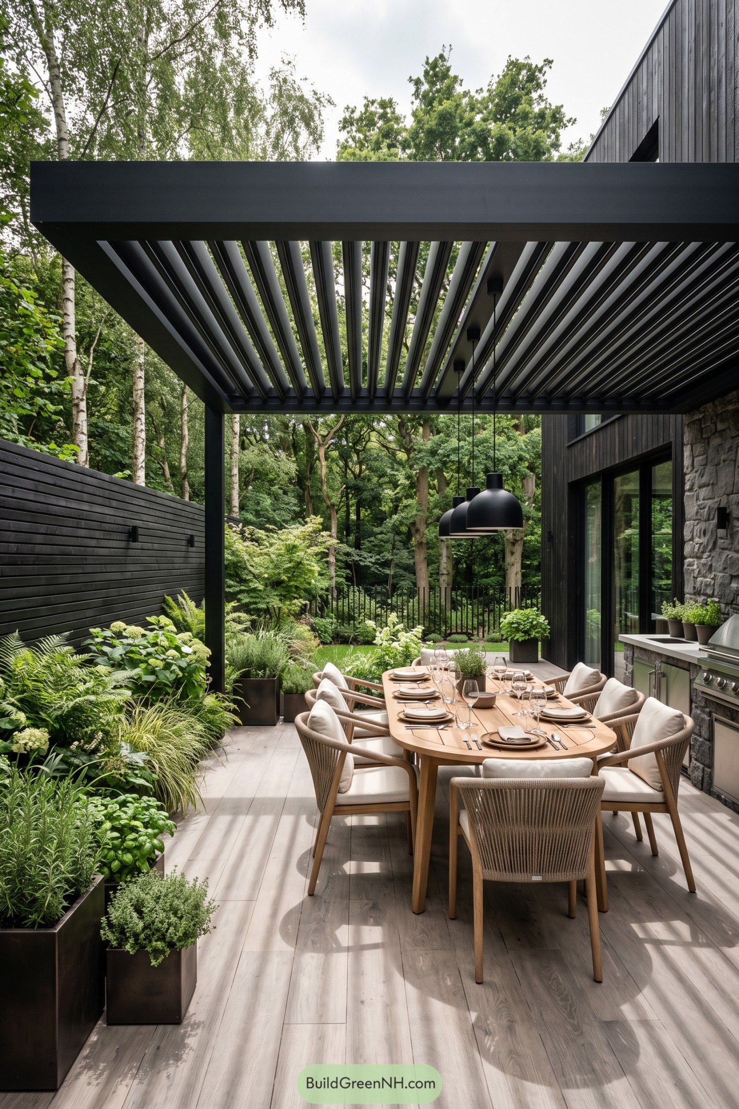 Pergola-covered outdoor dining garden beside a modern black home