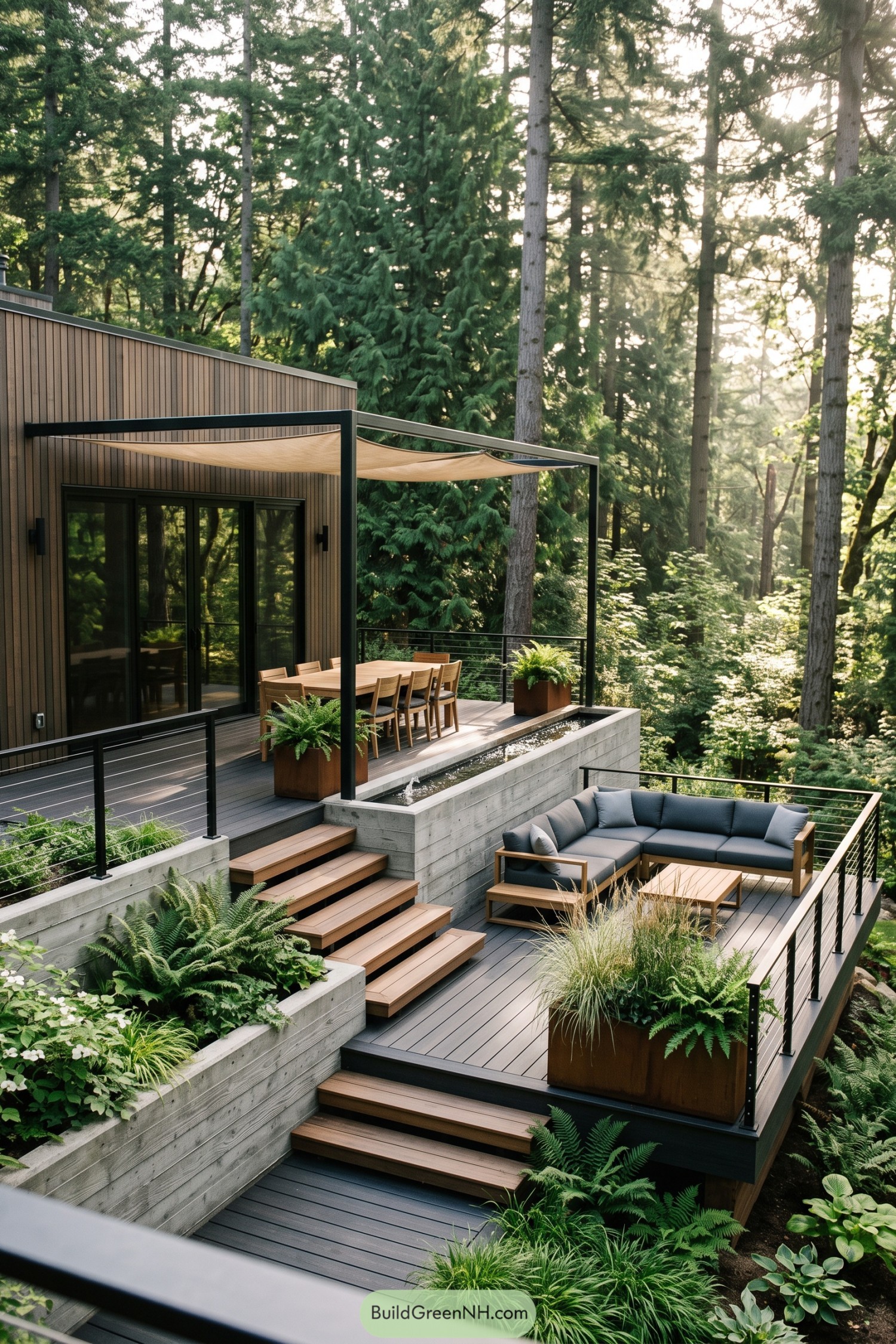 Tiered forest deck with dining terrace and water feature