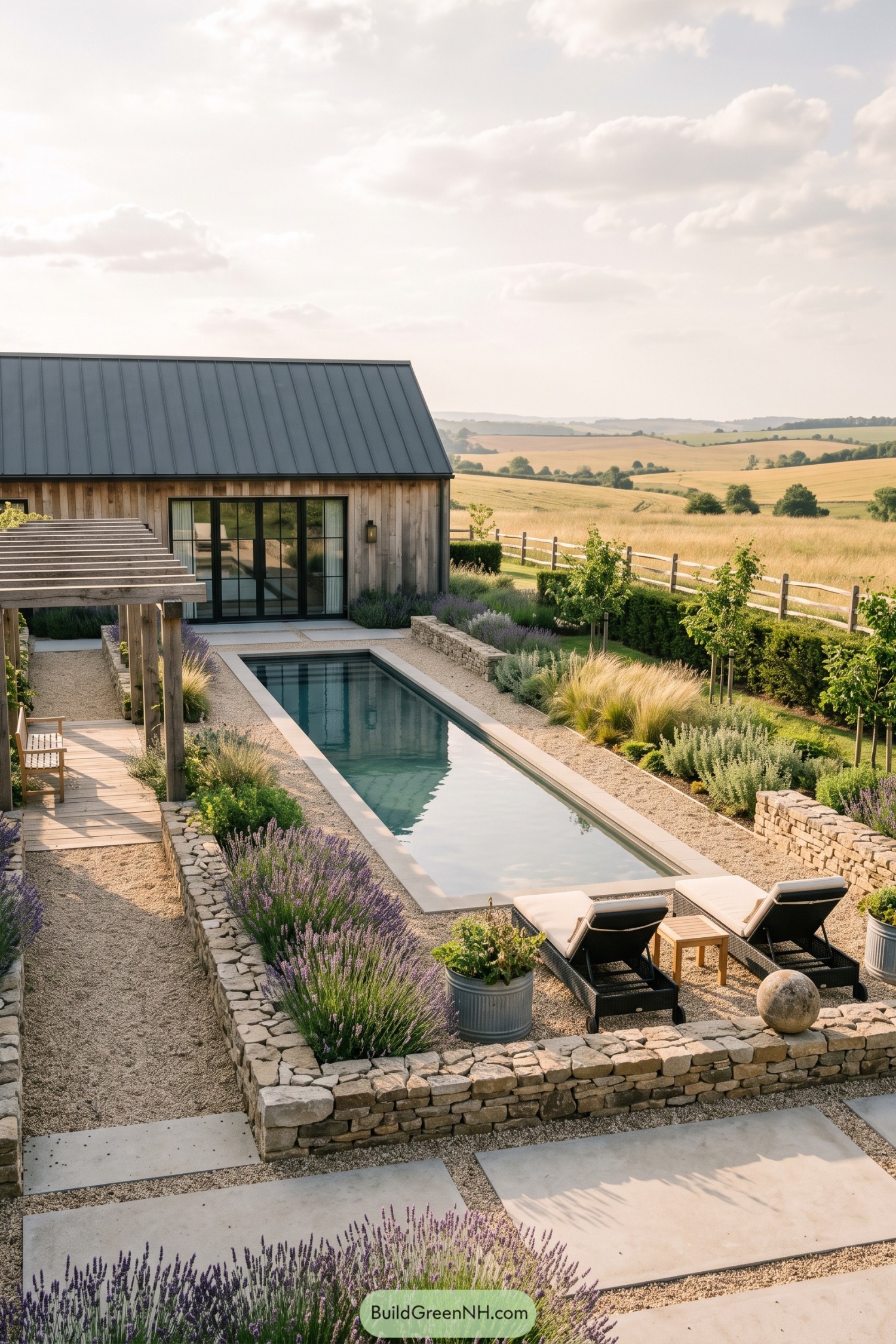 Narrow lap pool with lavender beds beside a modern country home