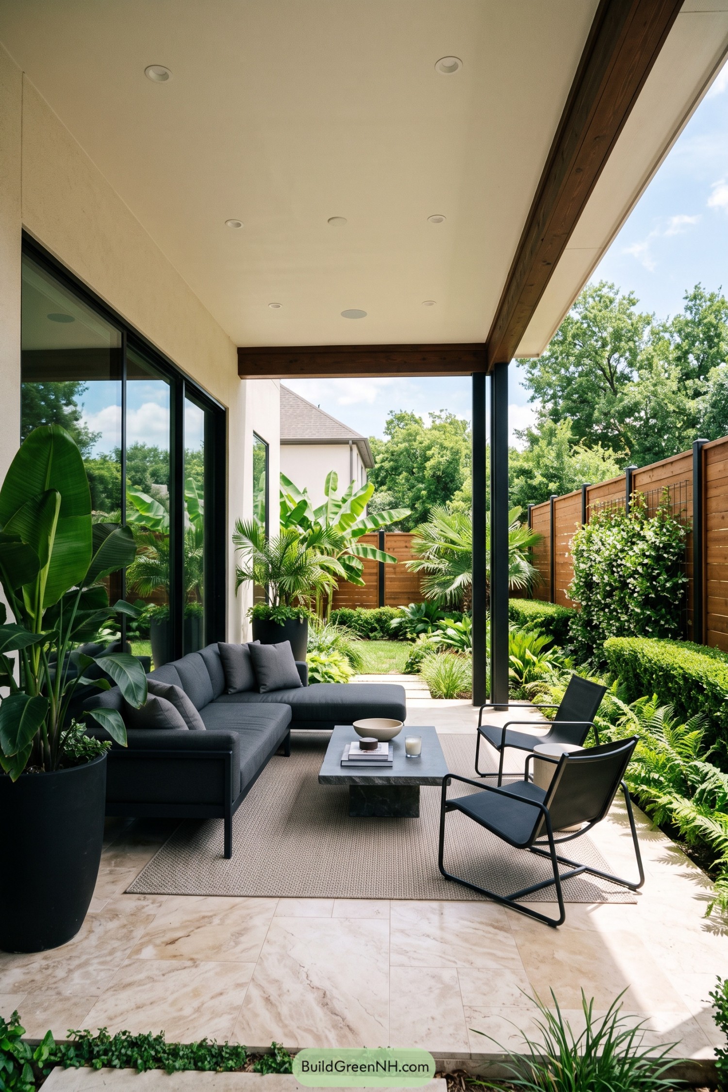 Covered patio lounge framed by tropical plants and a timber privacy fence