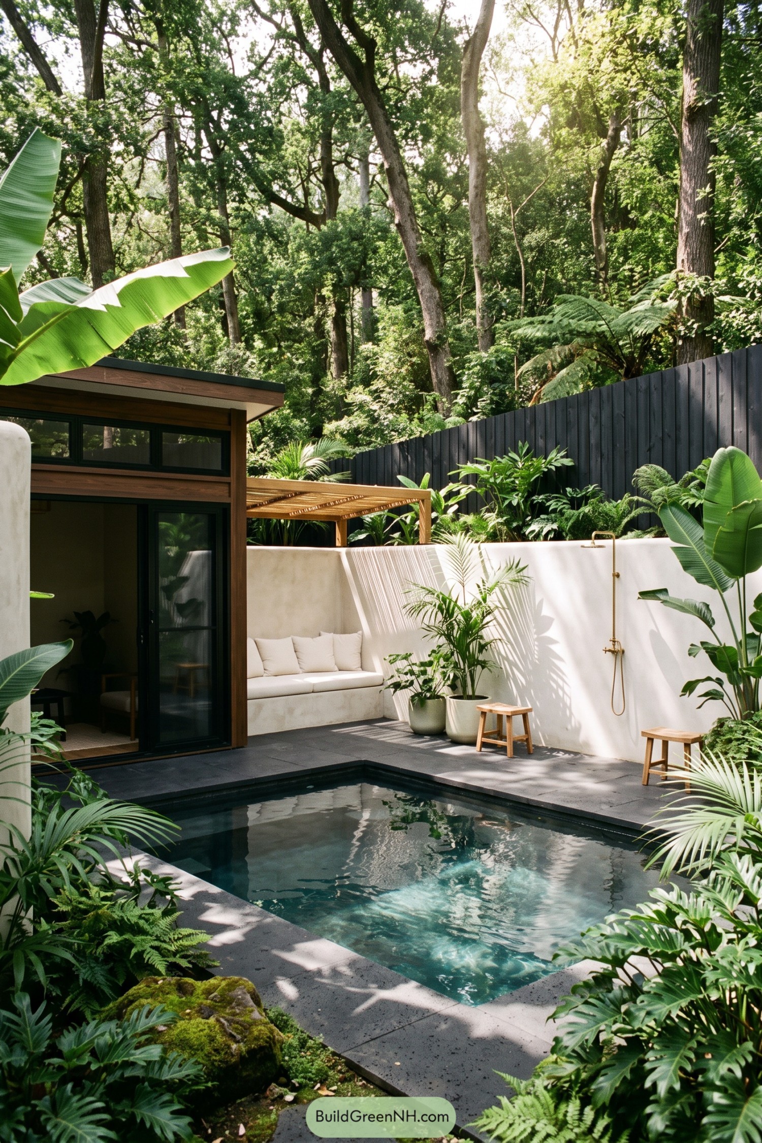 Lush courtyard plunge pool with outdoor shower