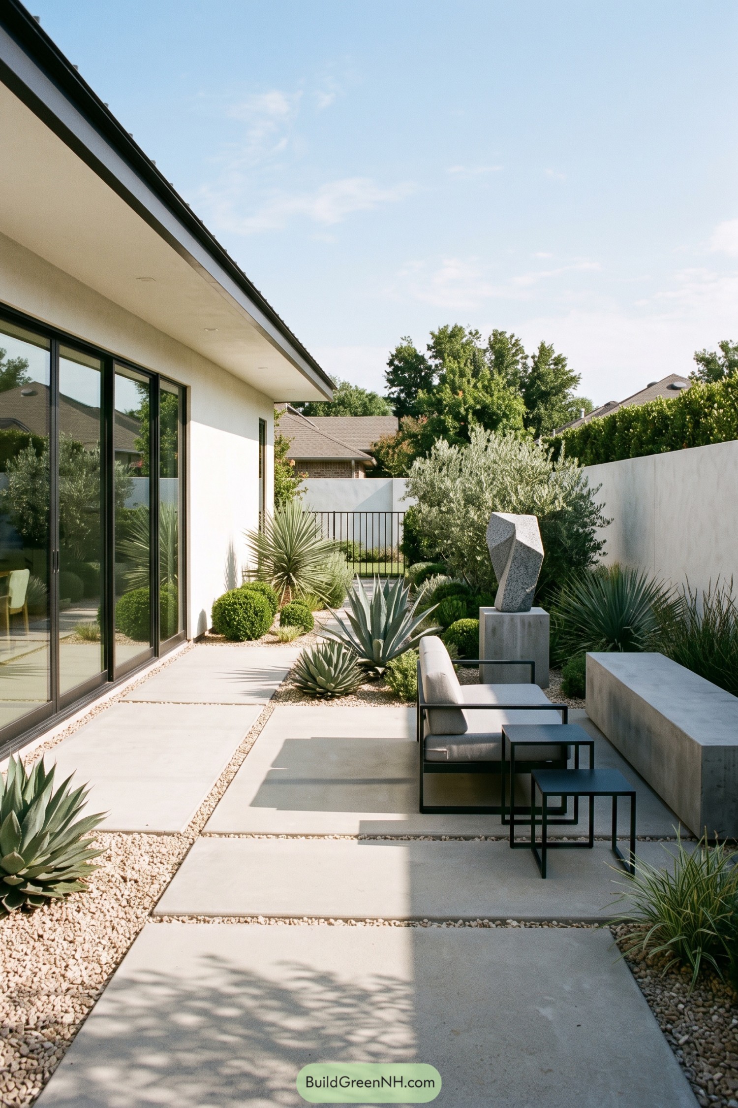 Modern patio with agaves sculptural stone and concrete seating