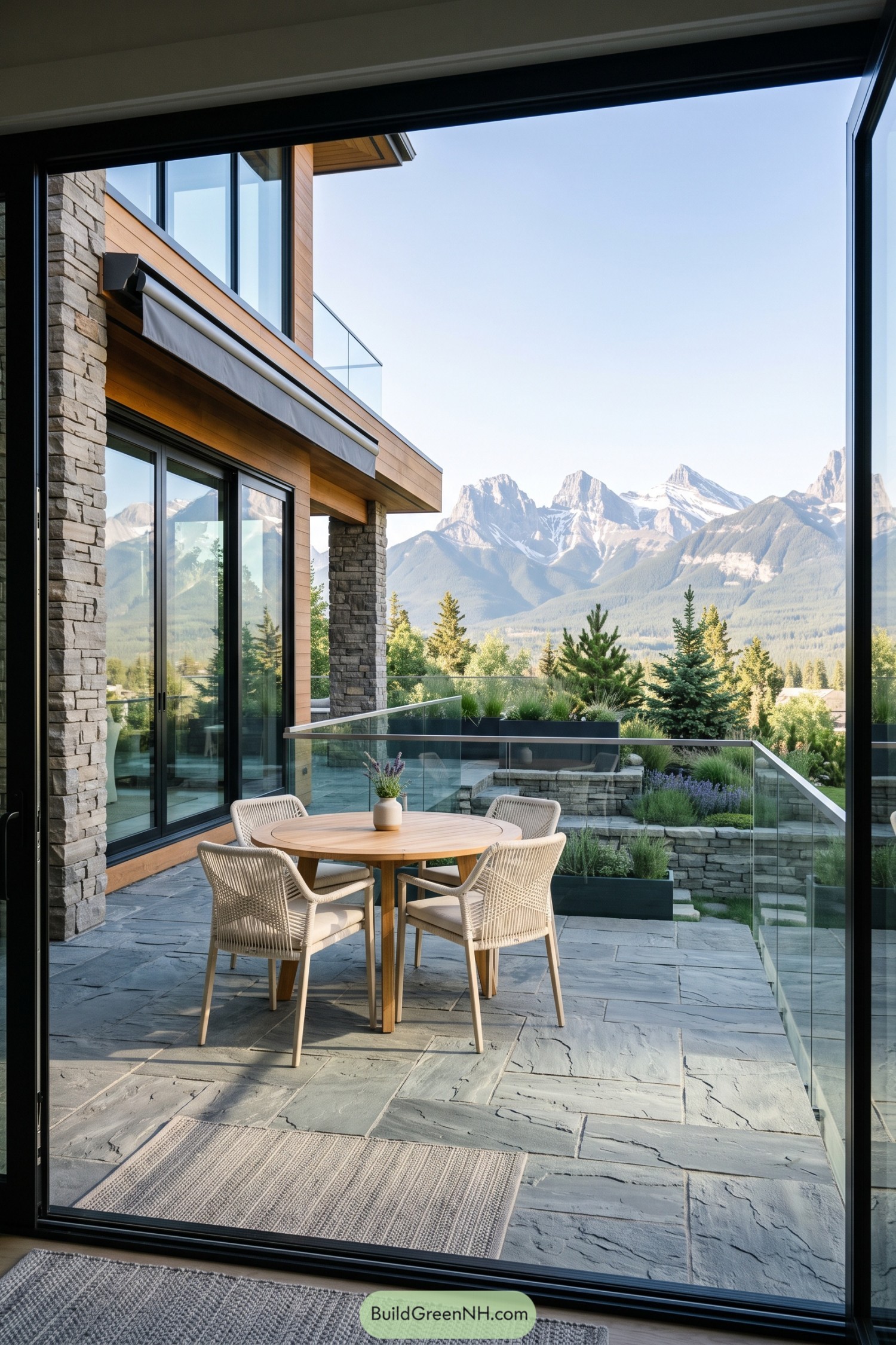 Stone patio with woven dining chairs overlooking snow-capped mountains