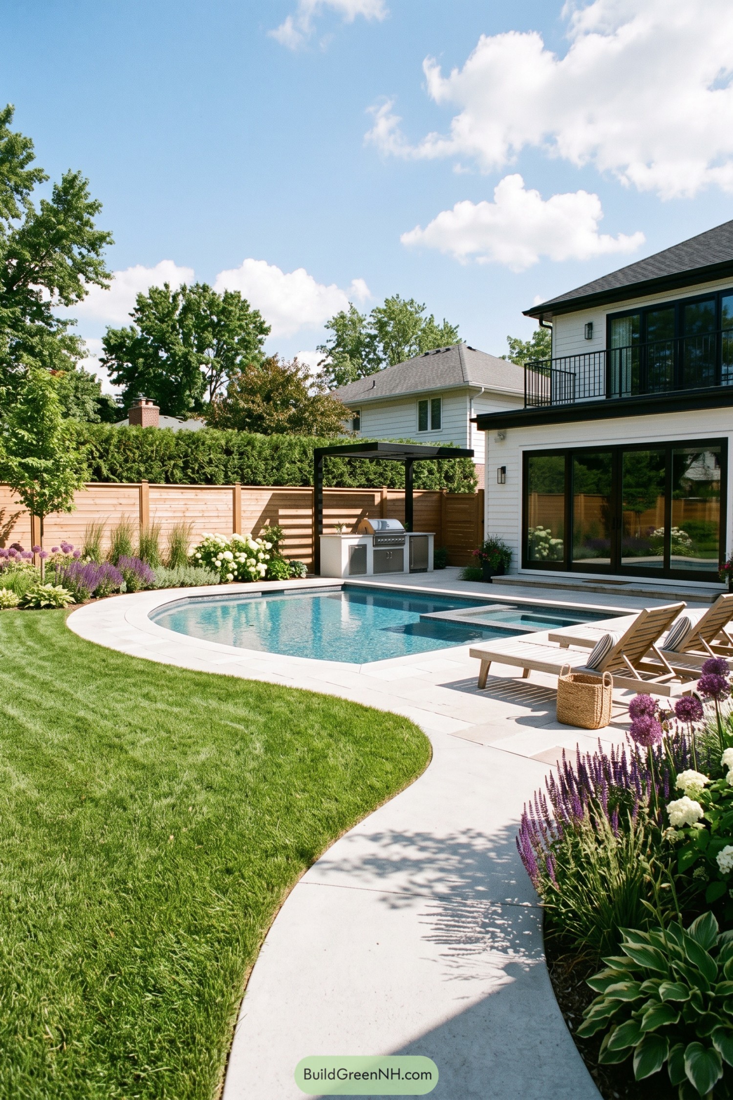 Curved pool patio with outdoor kitchen and flowering borders