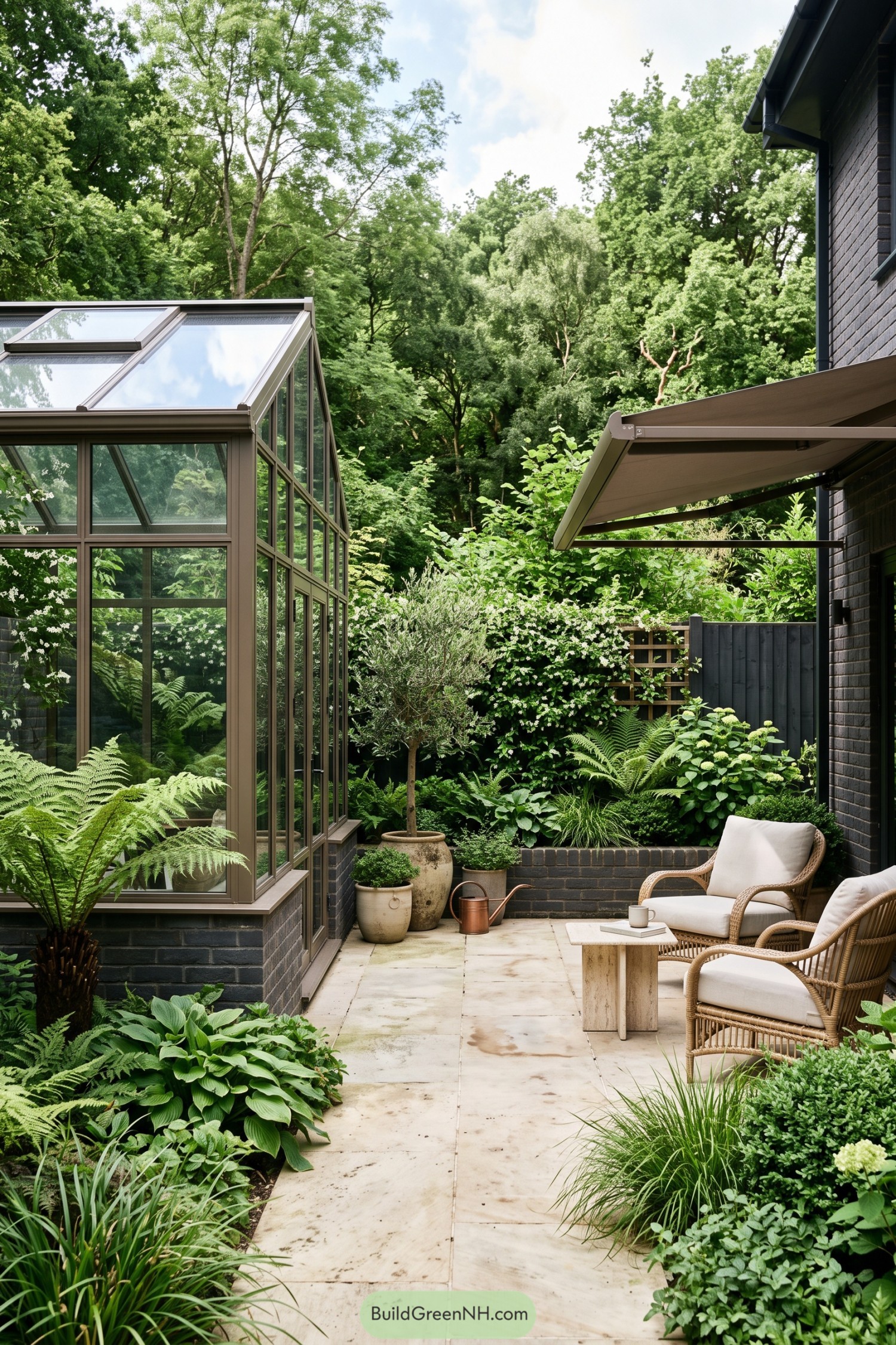 Glass conservatory beside a leafy patio with wicker seating