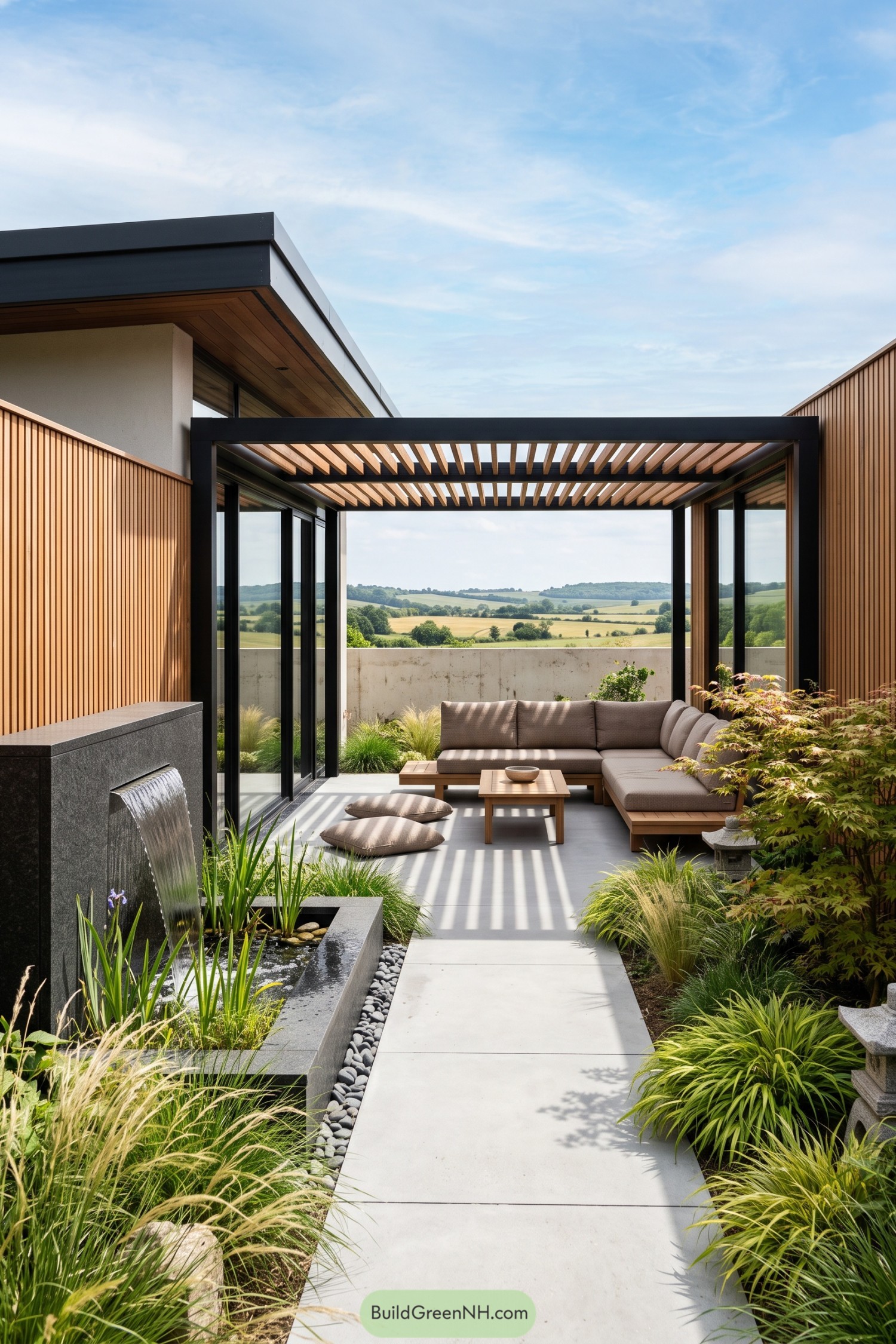 Modern pergola lounge with water feature and field views