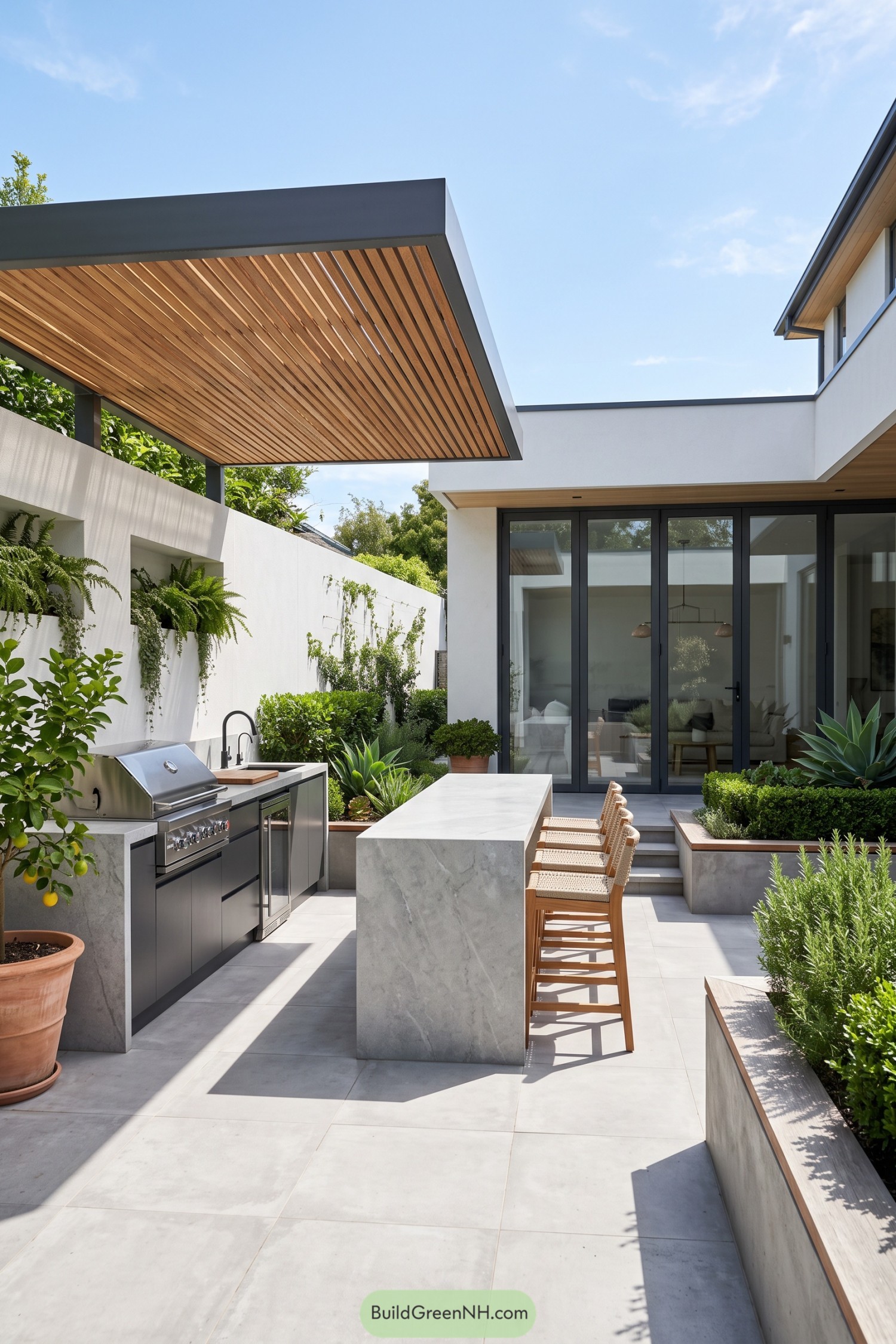 Outdoor kitchen and marble island beneath a wood slatted canopy