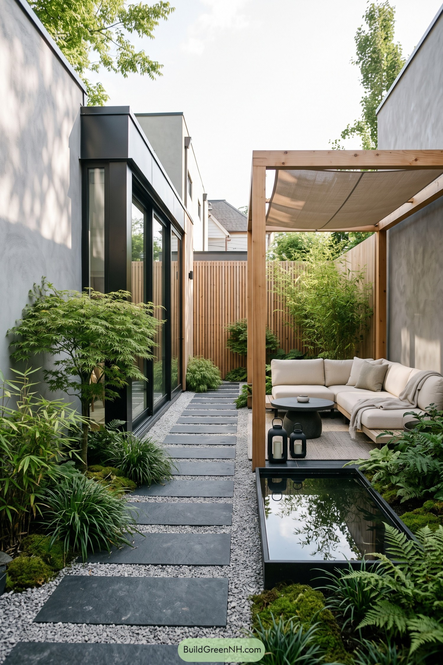 Narrow garden with stepping stones pergola lounge and reflecting pool