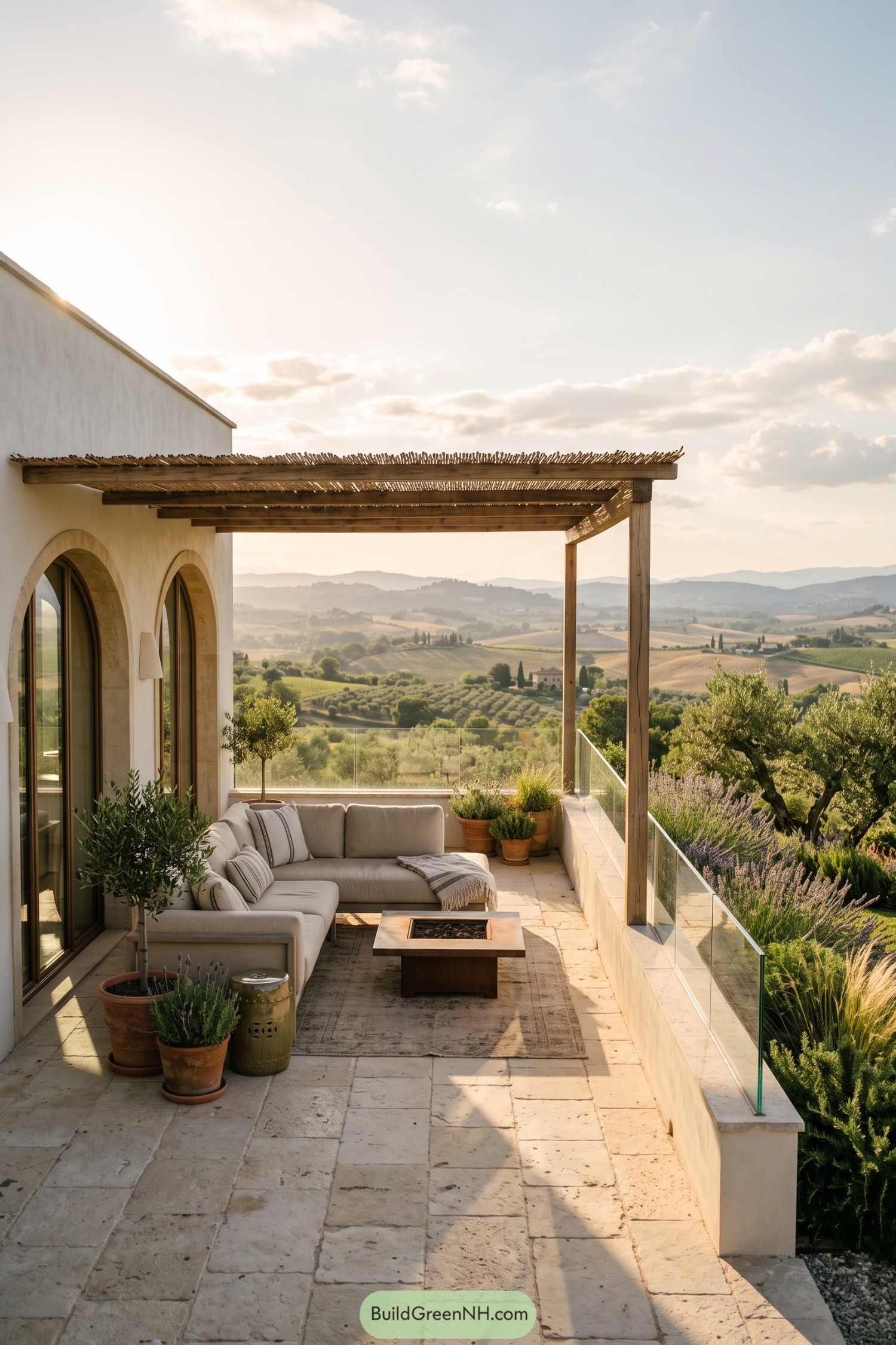 Stone loggia with pergola seating overlooking olive groves