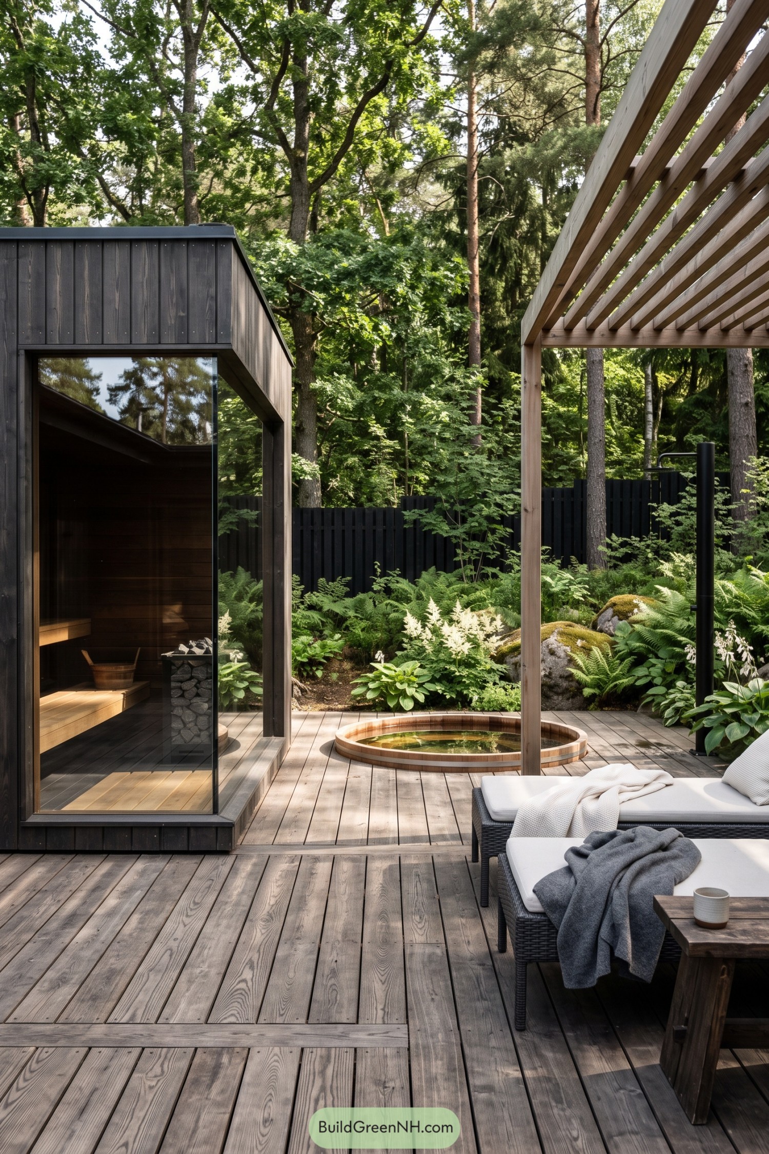 Cedar sauna and plunge pool on a forest deck