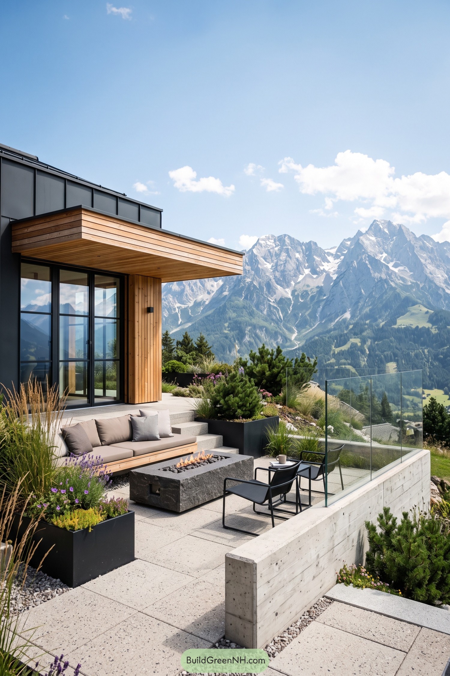 Modern hillside terrace with fire table and mountain views