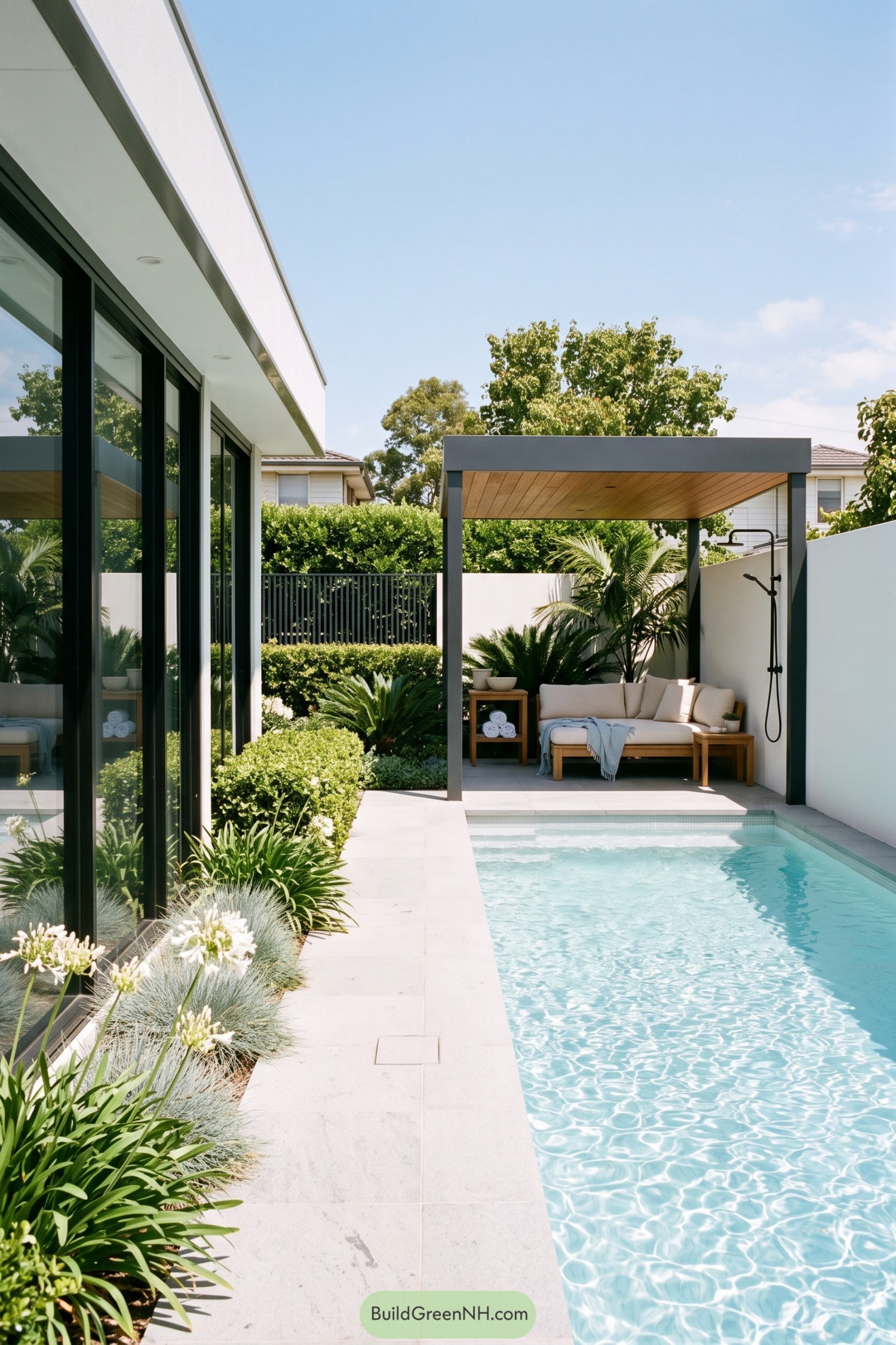 Slim pool beside a shaded cabana with an outdoor shower