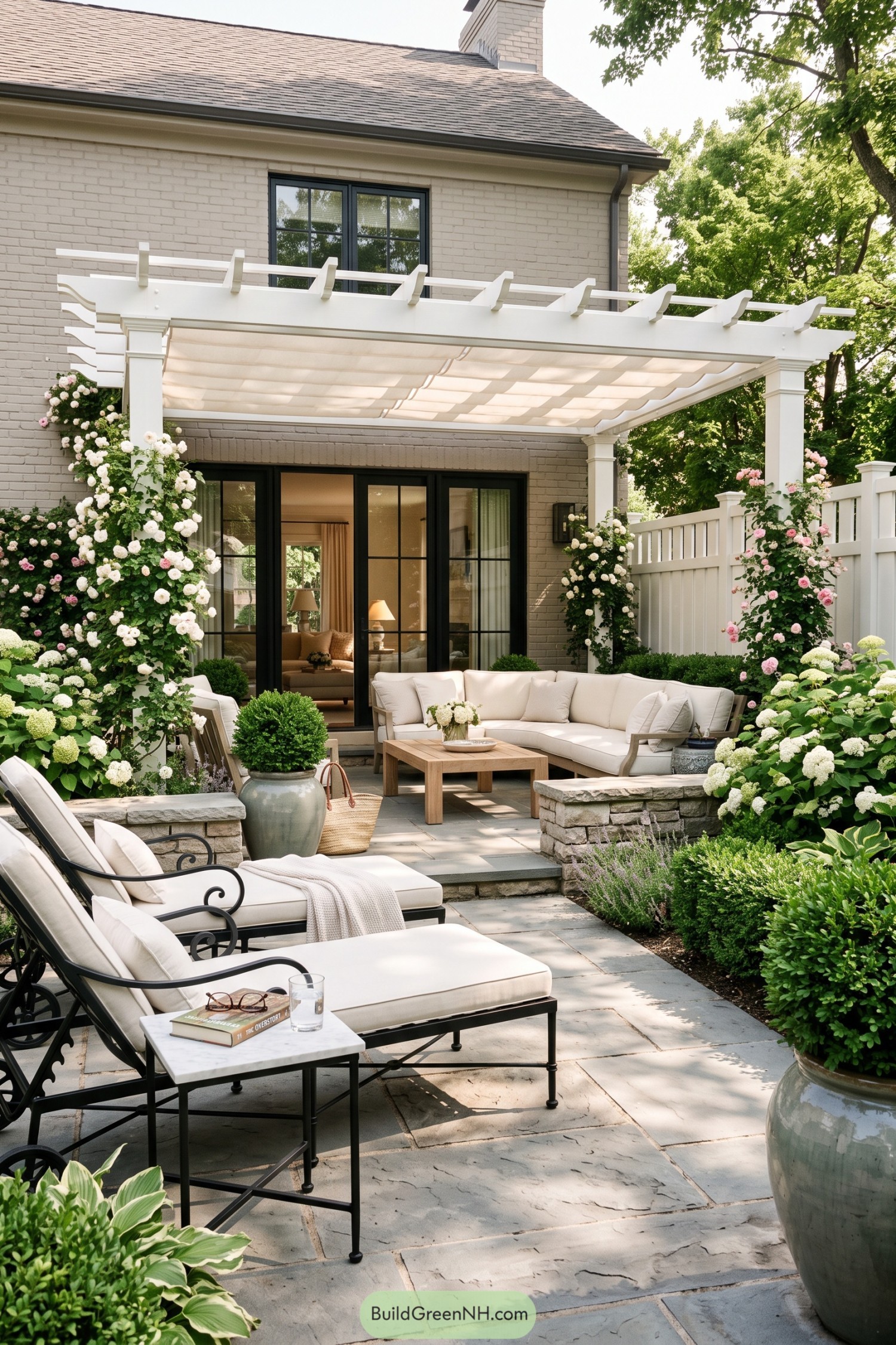 White pergola patio with roses and lounge seating