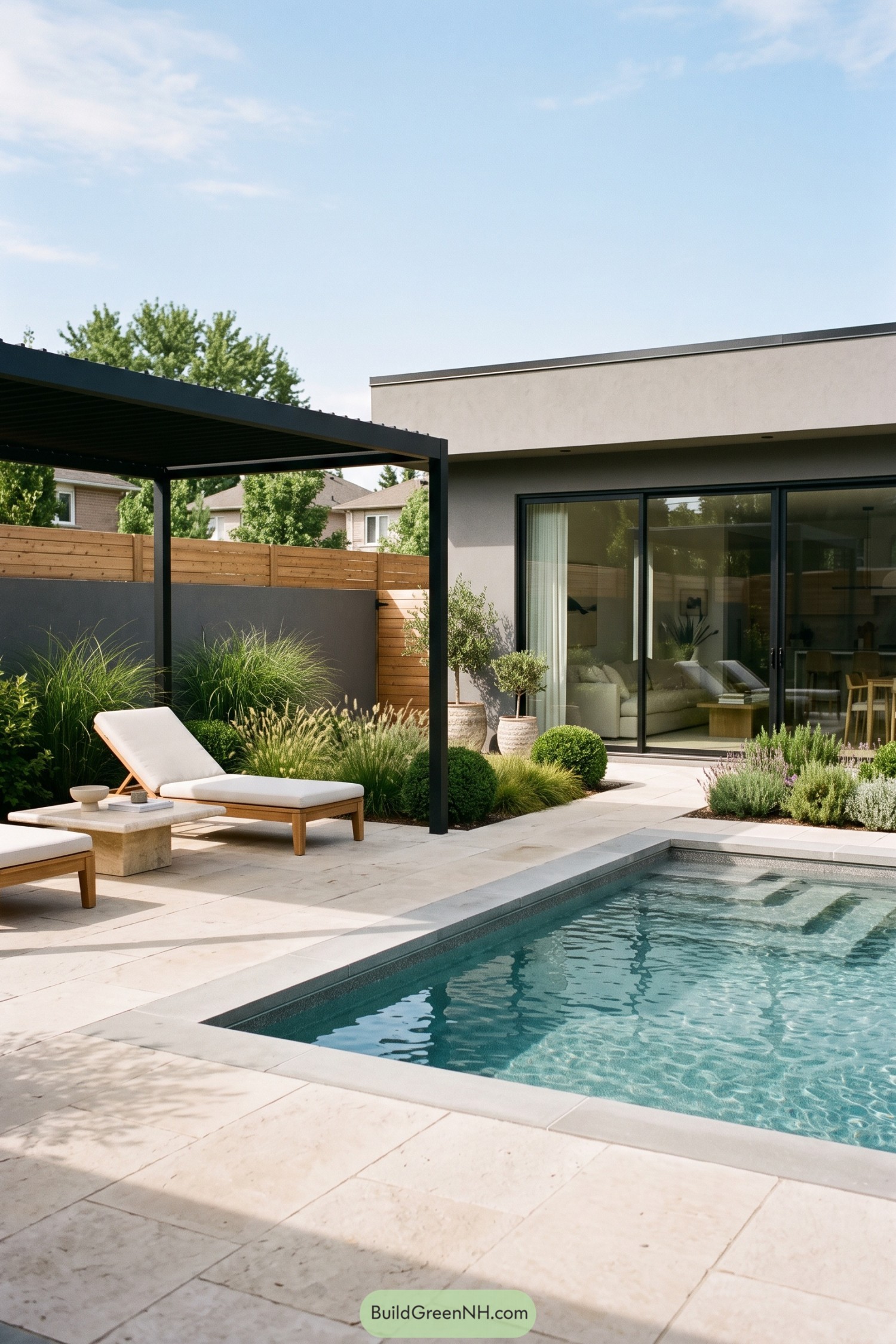 Modern pool patio with pergola loungers and layered planting