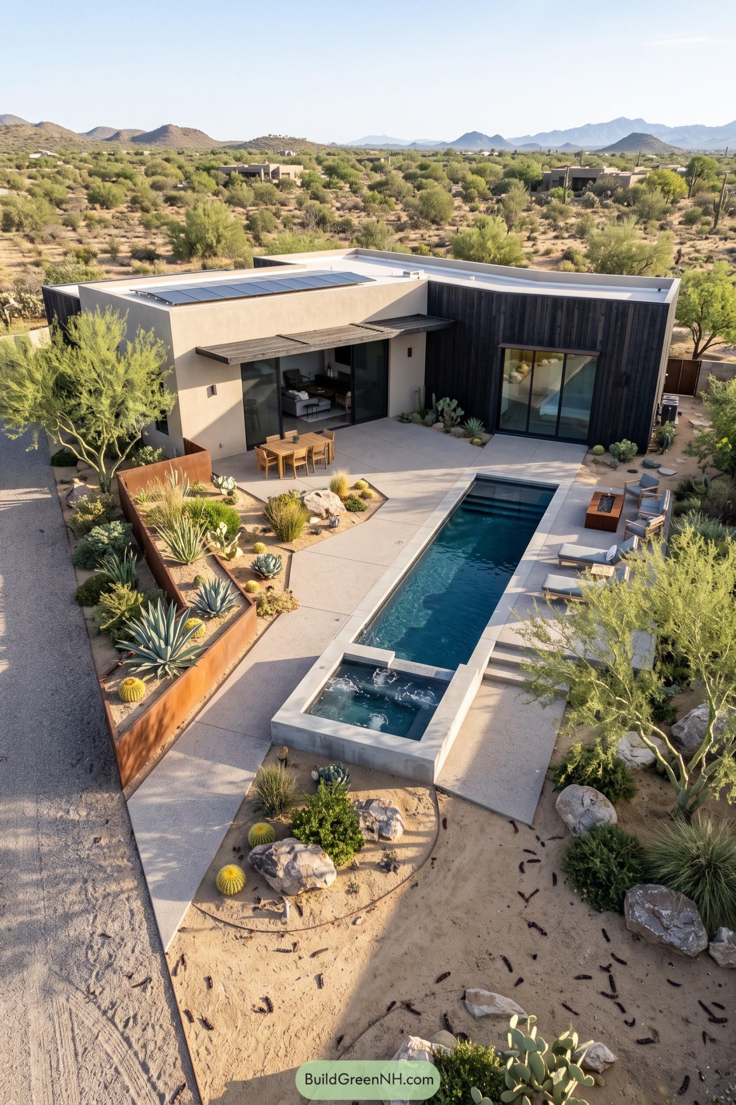 Modern desert home with a narrow pool and cactus gardens