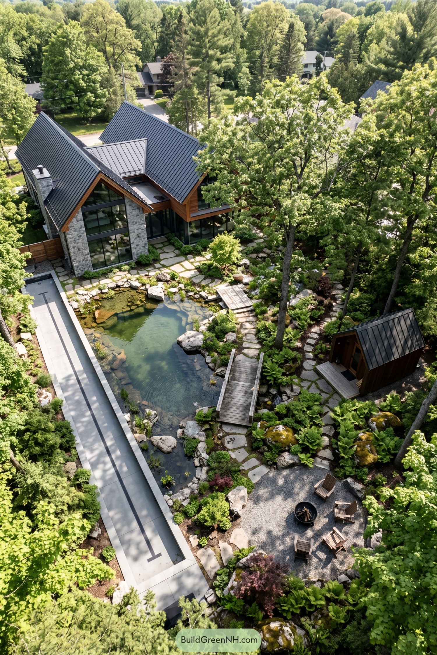 Forest garden with lap pool pond bridges and fire circle