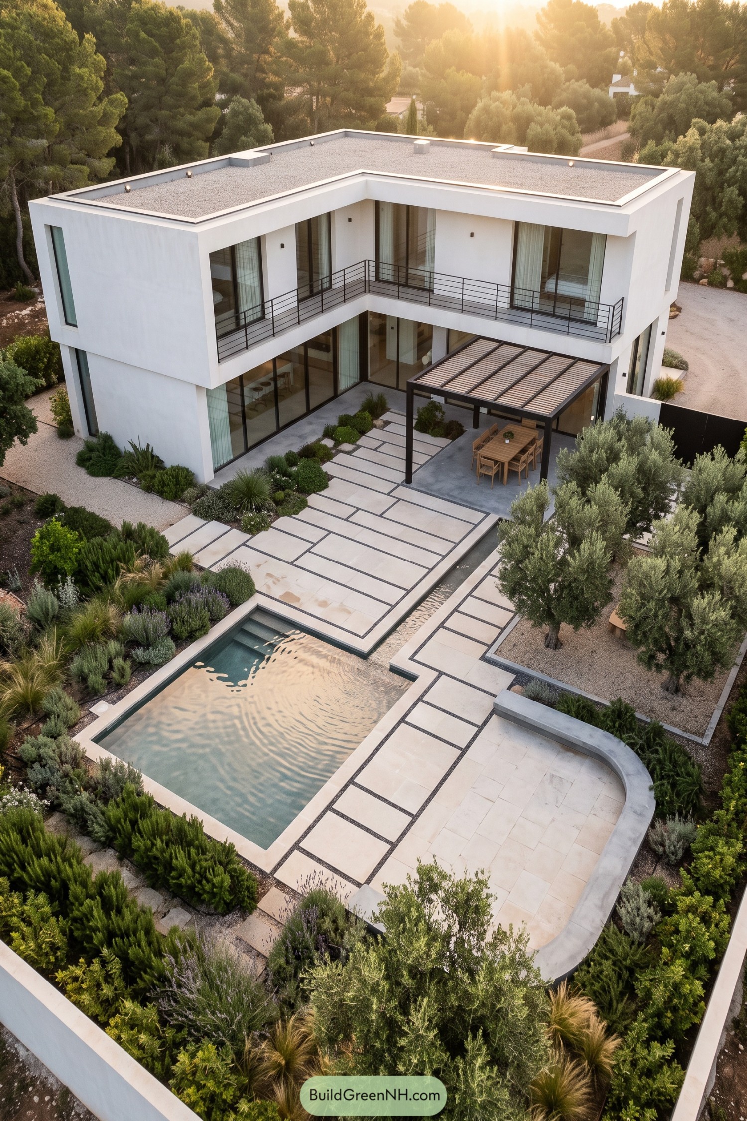 Modern courtyard pool with olive trees and pergola dining