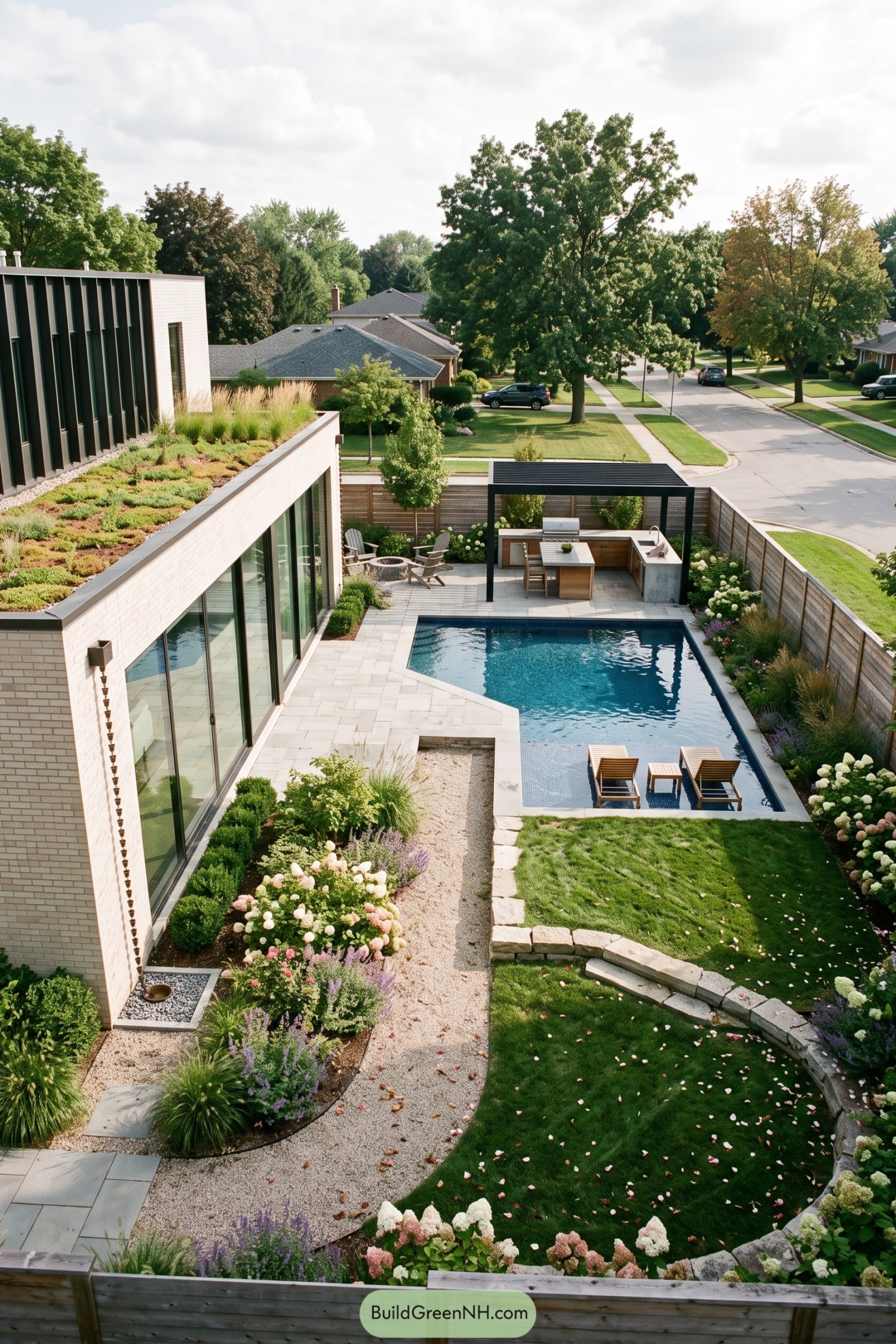 Modern backyard with lap pool pergola kitchen and flowering borders
