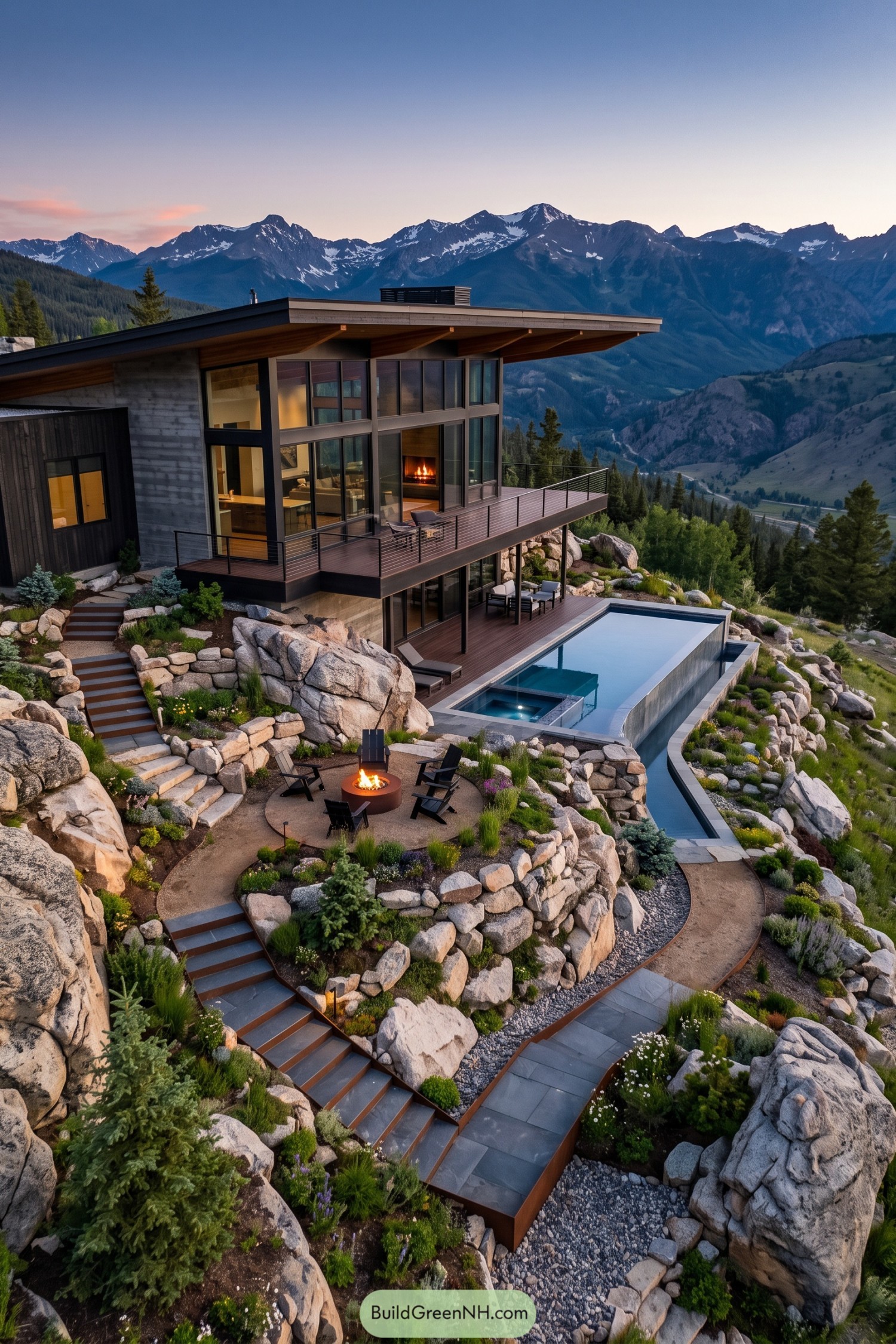 Terraced mountain garden with infinity pool and fire pit