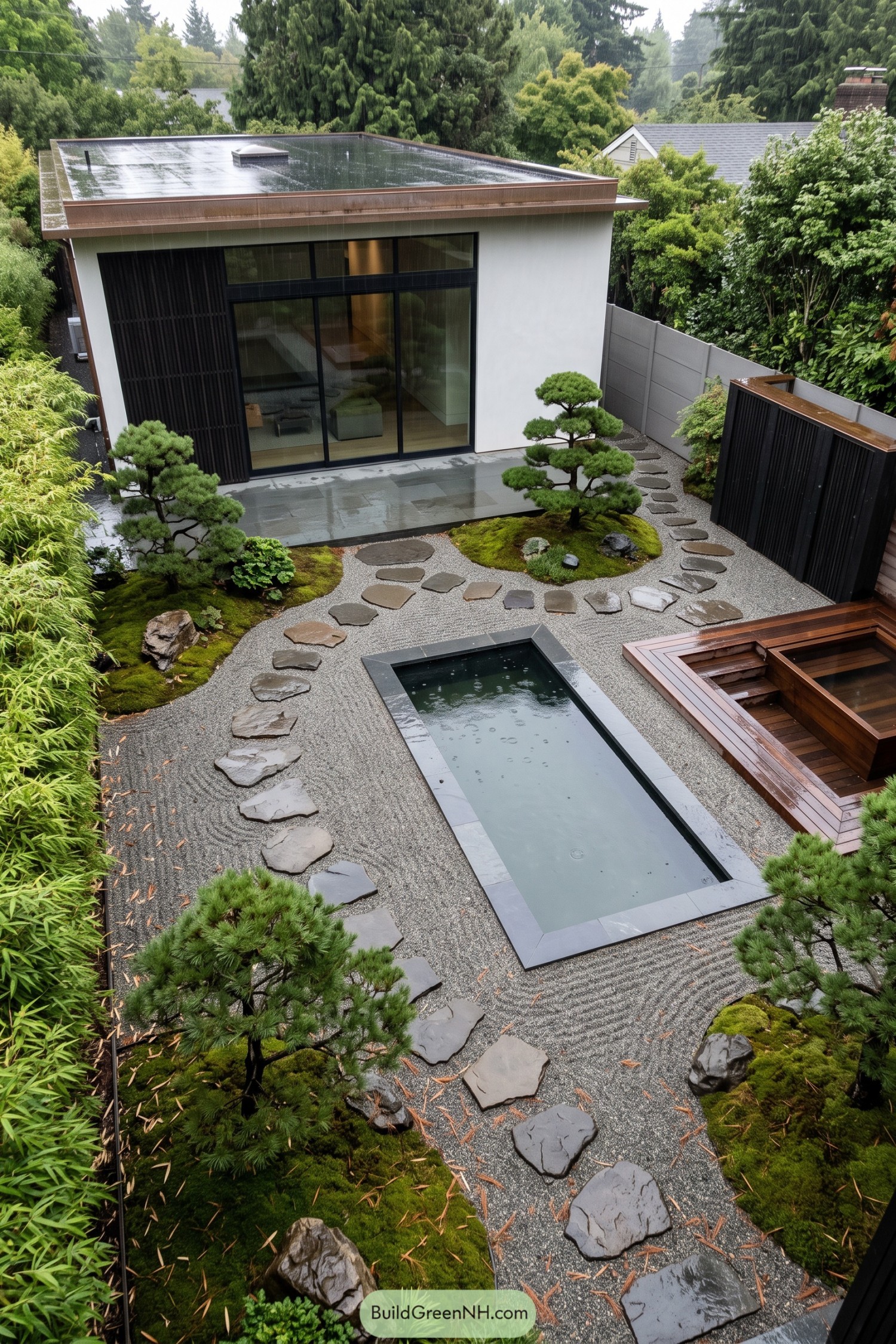 Modern Japanese inspired garden with a slim reflecting pool and raked gravel paths