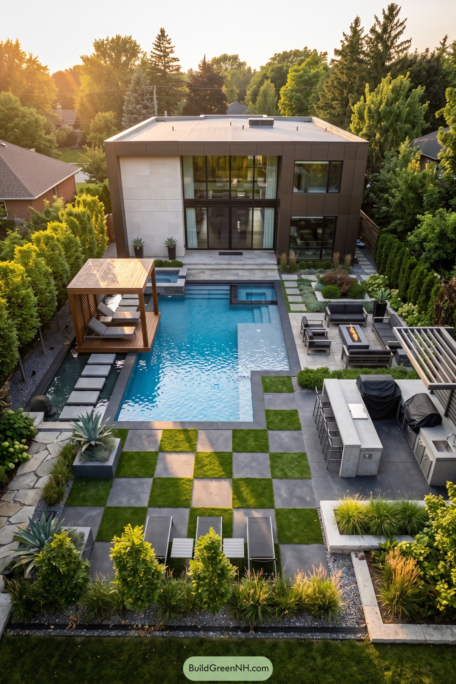 Modern backyard with pool cabana fire lounge and outdoor kitchen