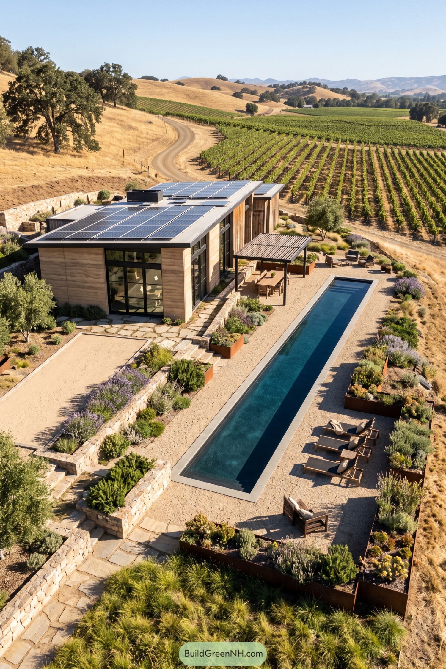 Modern hillside garden with lap pool beside vineyards