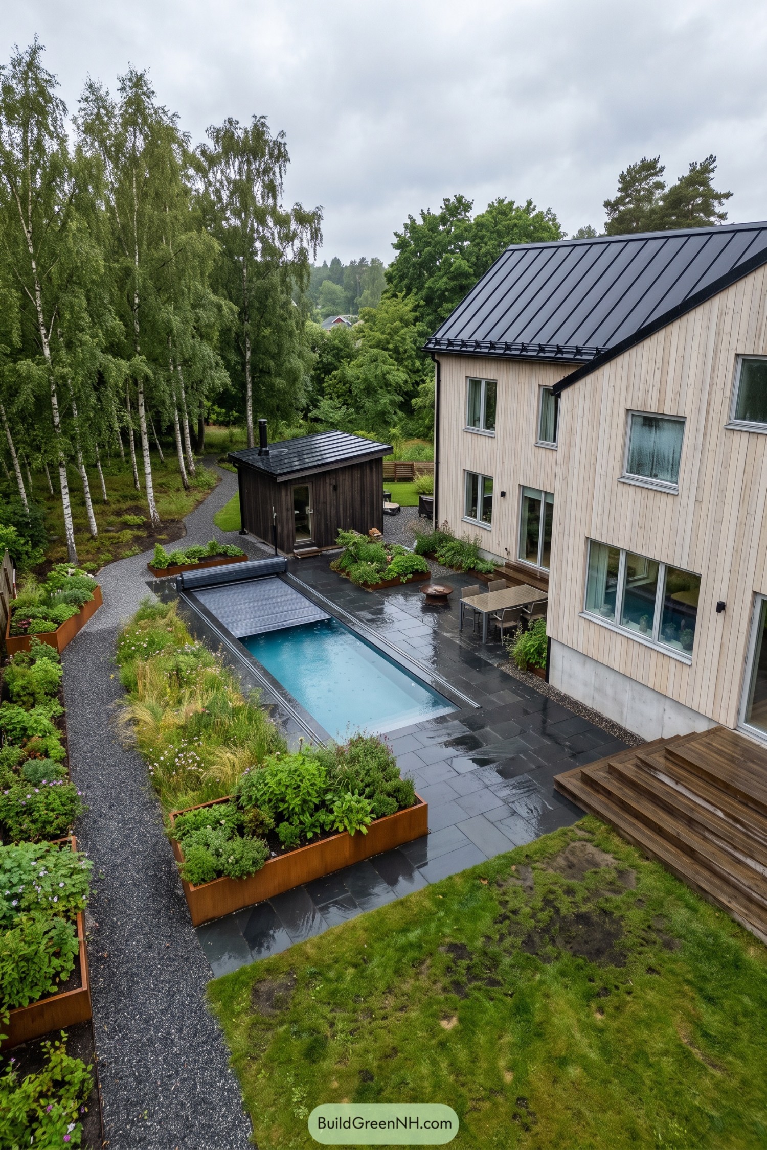 Contemporary birch garden with covered pool and sauna cabin