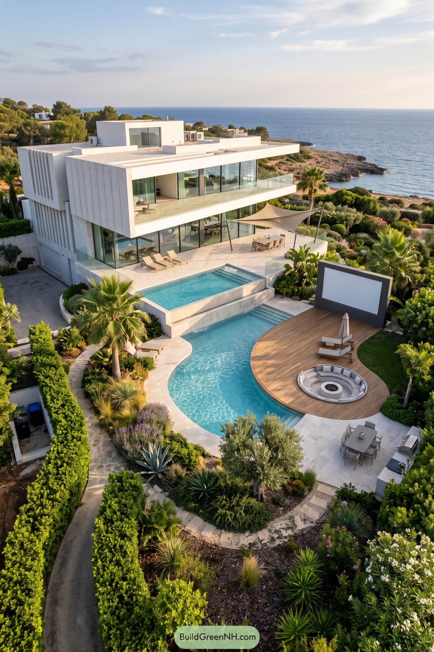 Modern coastal garden with curved pool deck and outdoor cinema