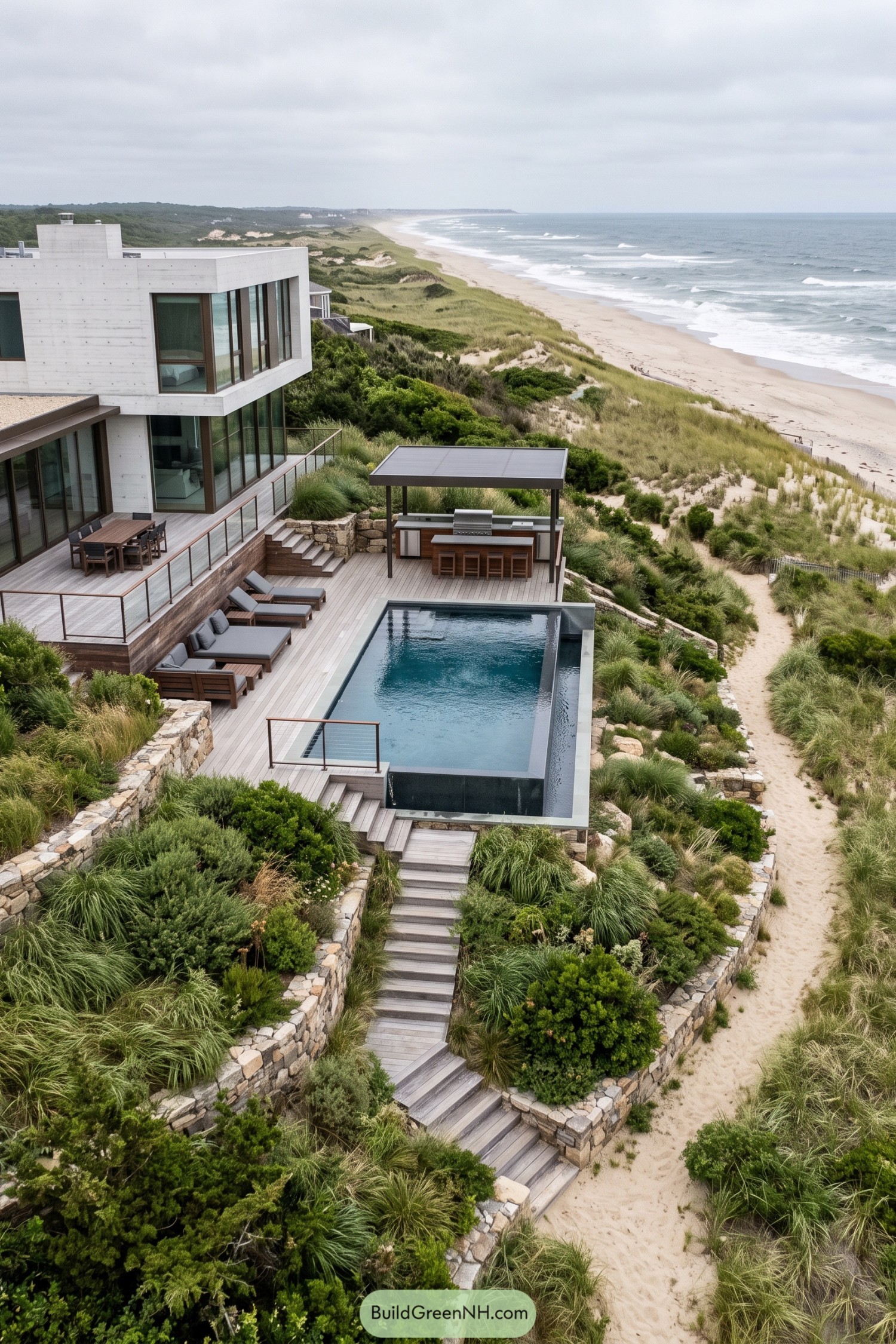 Oceanfront infinity pool with terraced decks and dune planting